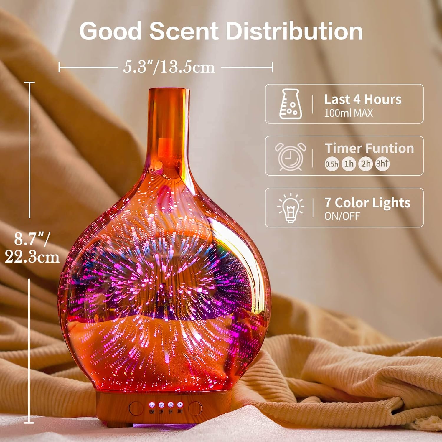 Porseme Essential Oil Diffuser 3D Glass Aromatherapy Ultrasonic Humidifier - 7 Color Changing LEDs, Waterless Auto-Off, Timer Setting, BPA Free 100ml Rose Gold Aladdin - Image 3