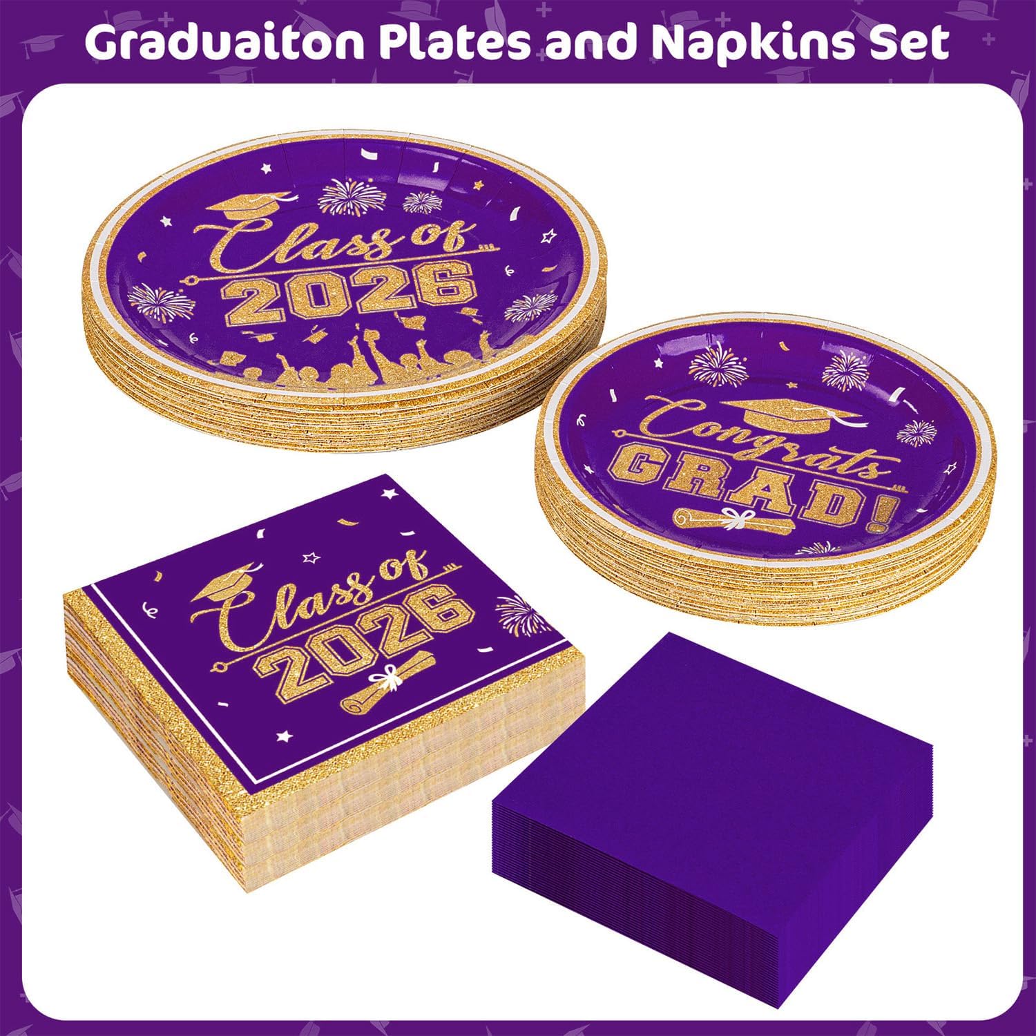 Graduation Plates and Napkins 2026 Graduation Party Supplies, Class of 2026 Congrats Grad Disposable Paper Plates Cocktail Napkins Set for Purple Gold 2026 Graduations Party Decorations Sets, Serve 50