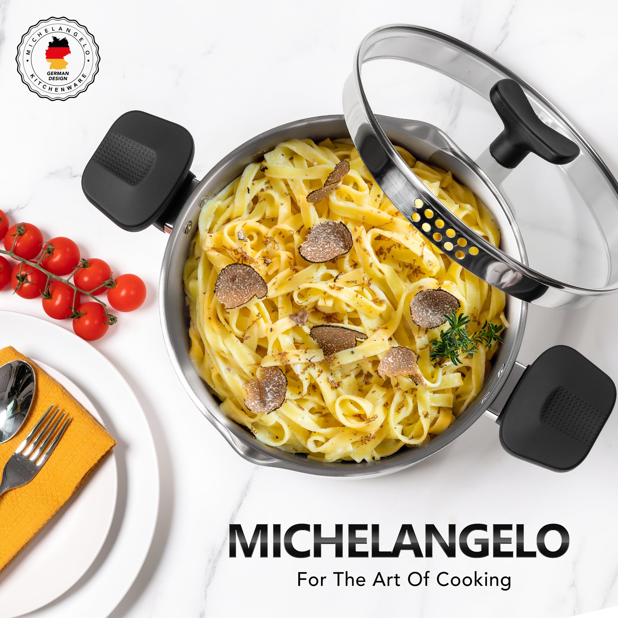 MICHELANGELO Olla de pasta de acero inoxidable con tapa coladora, olla de inducción de 6 cuartos con tapa, olla de espaguetis de 6 cuartos con tapa coladora