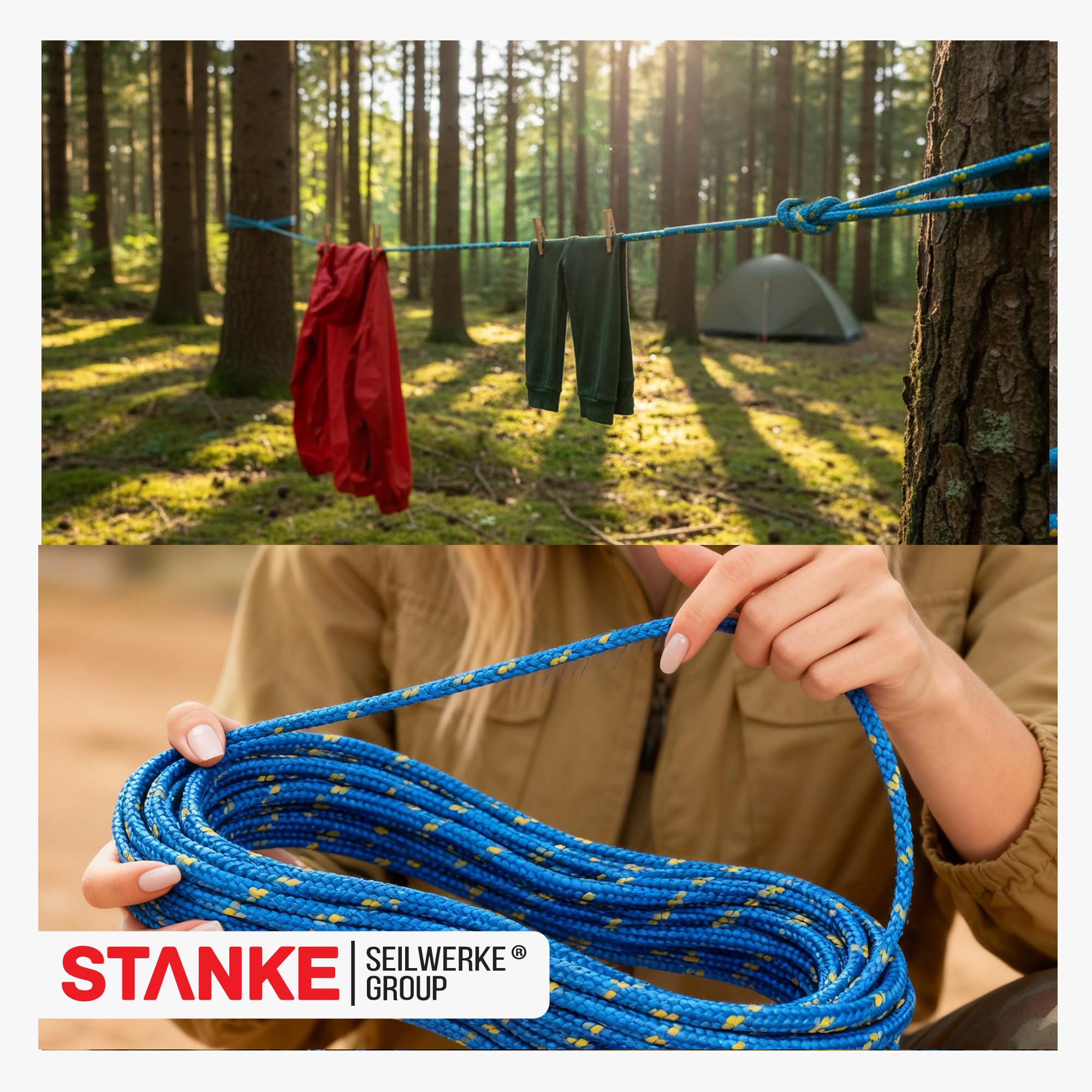 Seilwerk STANKE Corde polypropylène Bleue avec Fils marqueurs Jaunes 6mm 200 m - Ficelle agricole, pour Plants de tomates - Corde tressée pour Le Sport, la Survie, la Construction