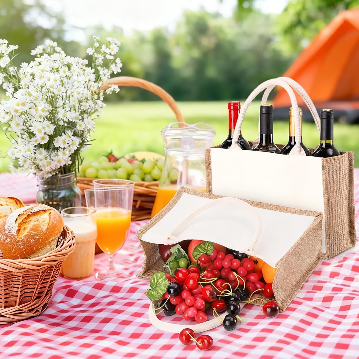 SOUJOY 6 Pack Burlap Tote Bags, Reusable Jute Gift Bags with Handles, Water Resistant Beach Bag, 14.7" x 9.8" x 4.5" Canvas Grocery Shopping Bag for Bridesmaid, DIY, Shopping, Wedding, Christmas - Image 7