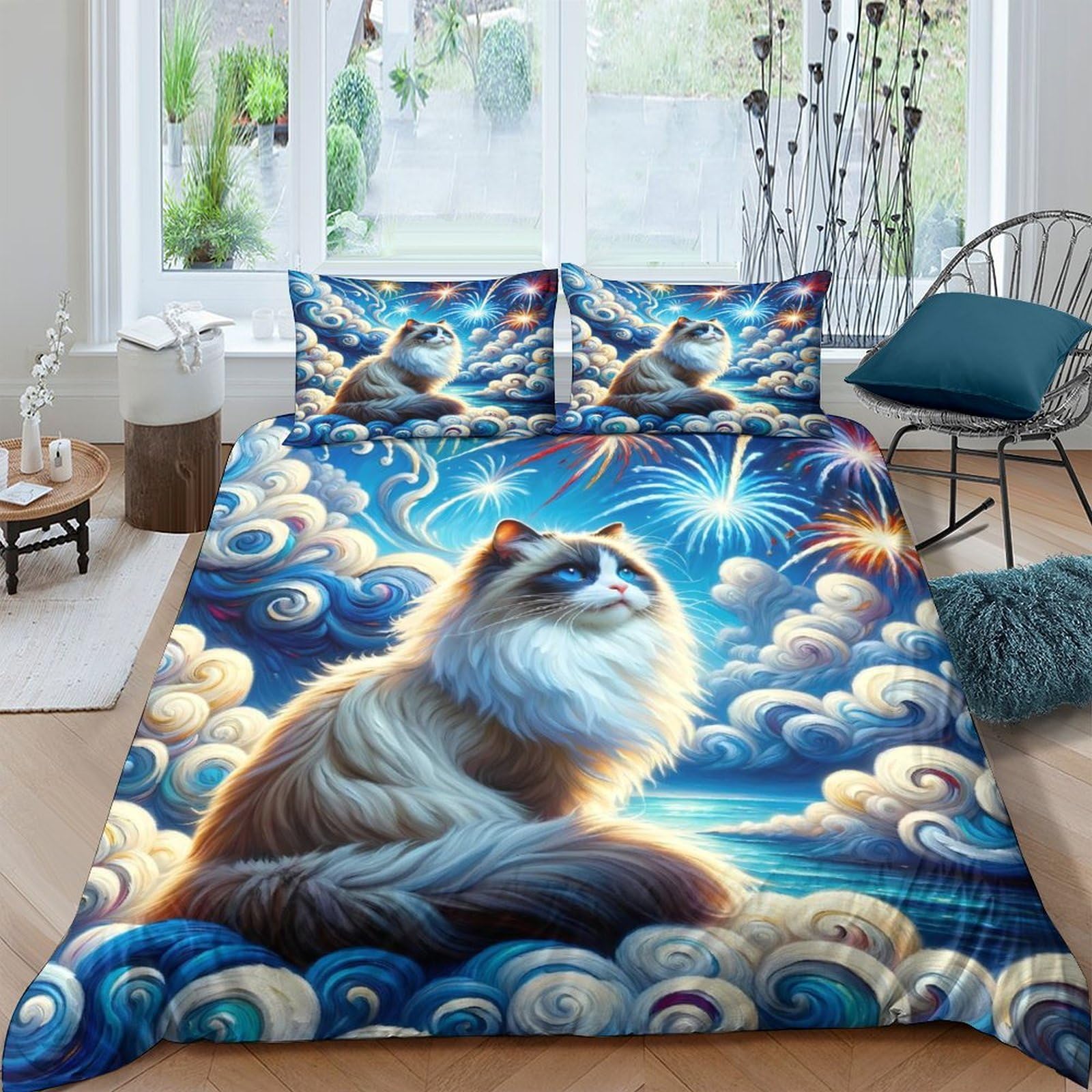 Ctjqhvkz Style-8 3D Printed Galaxy Cat Fitted Sheet Microfiber Soft Breathable Nebula Mattress Cover For Bedroom Guest Room Decor Single（135X200cm）