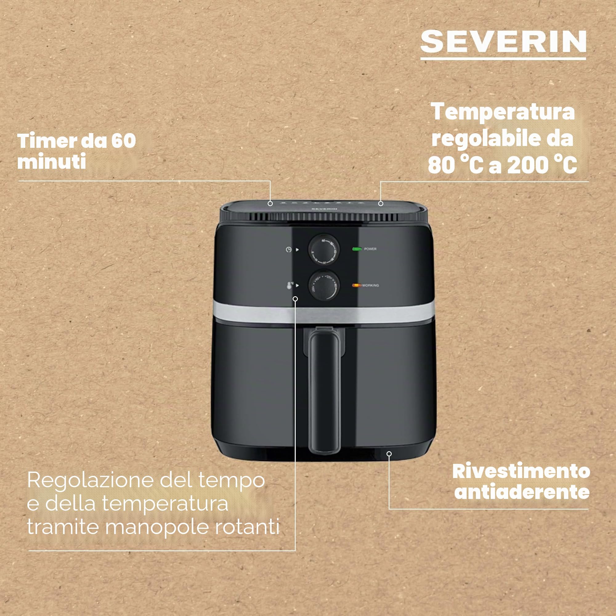 FR 2452 Friggitrice ad aria calda, 5 l, temperatura regolabile da 80° a 200° C, Timer 60 minuti, cestello antiaderente, potenza 1500 W