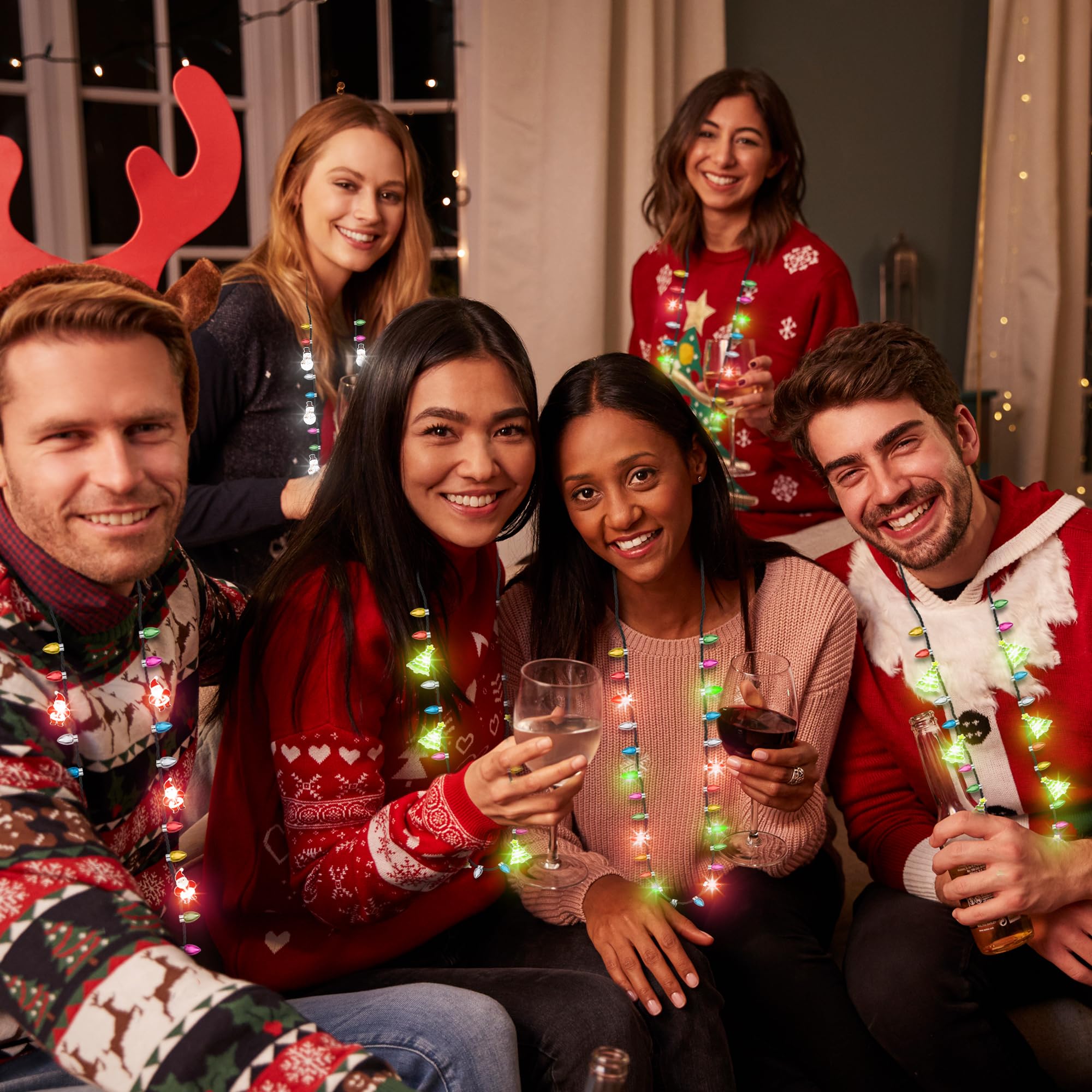 20 collares de Navidad iluminados, 4 tipos de collares de Navidad, collares de Navidad intermitentes con colgante de árbol de bulbo de Papá Noel, bastón de caramelo, 3 modos de Navidad, Año Nuevo