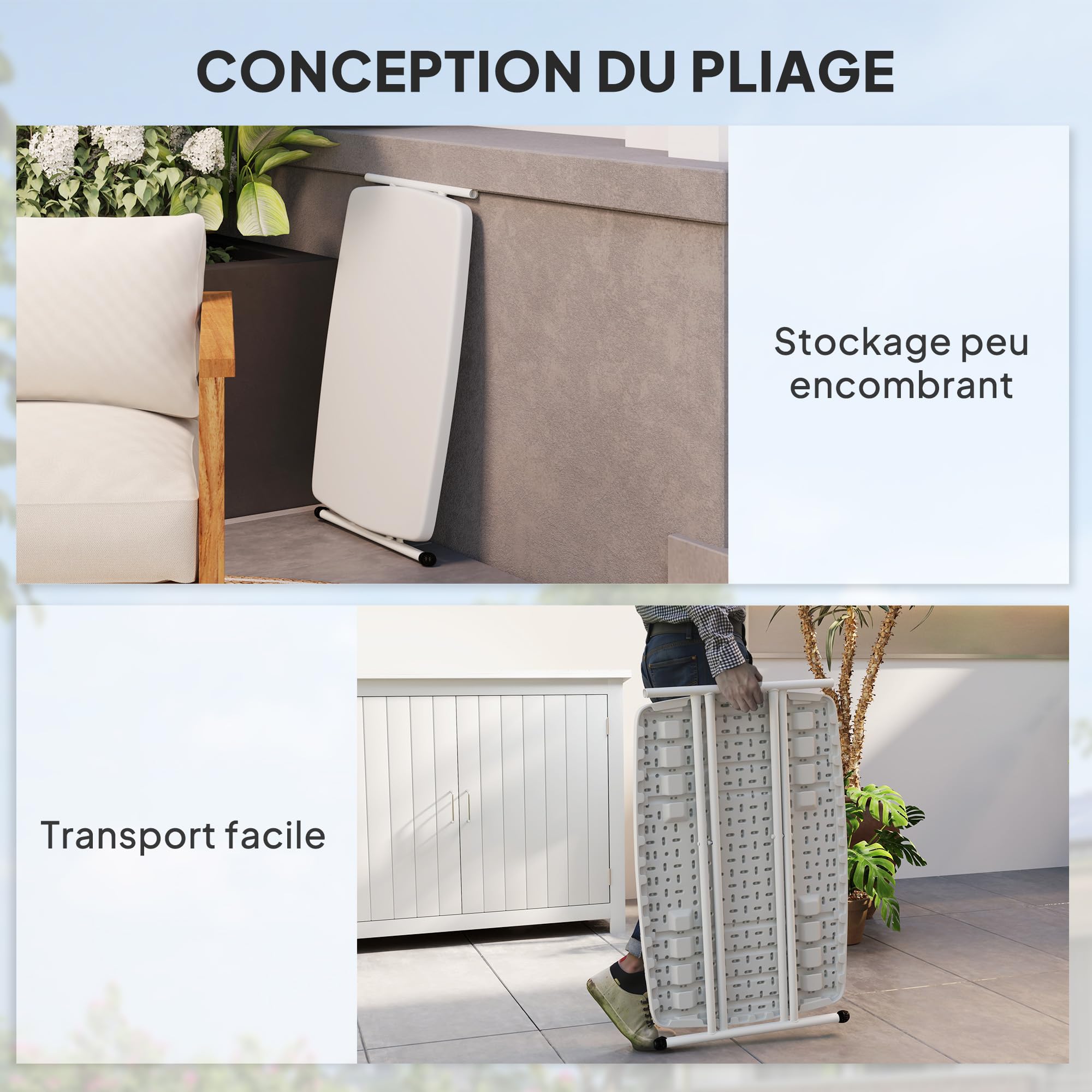Outsunny Table d'appoint Pliable en HDPE, Hauteur réglable 6 Niveaux, 76 x 50 x 74 cm, Blanc