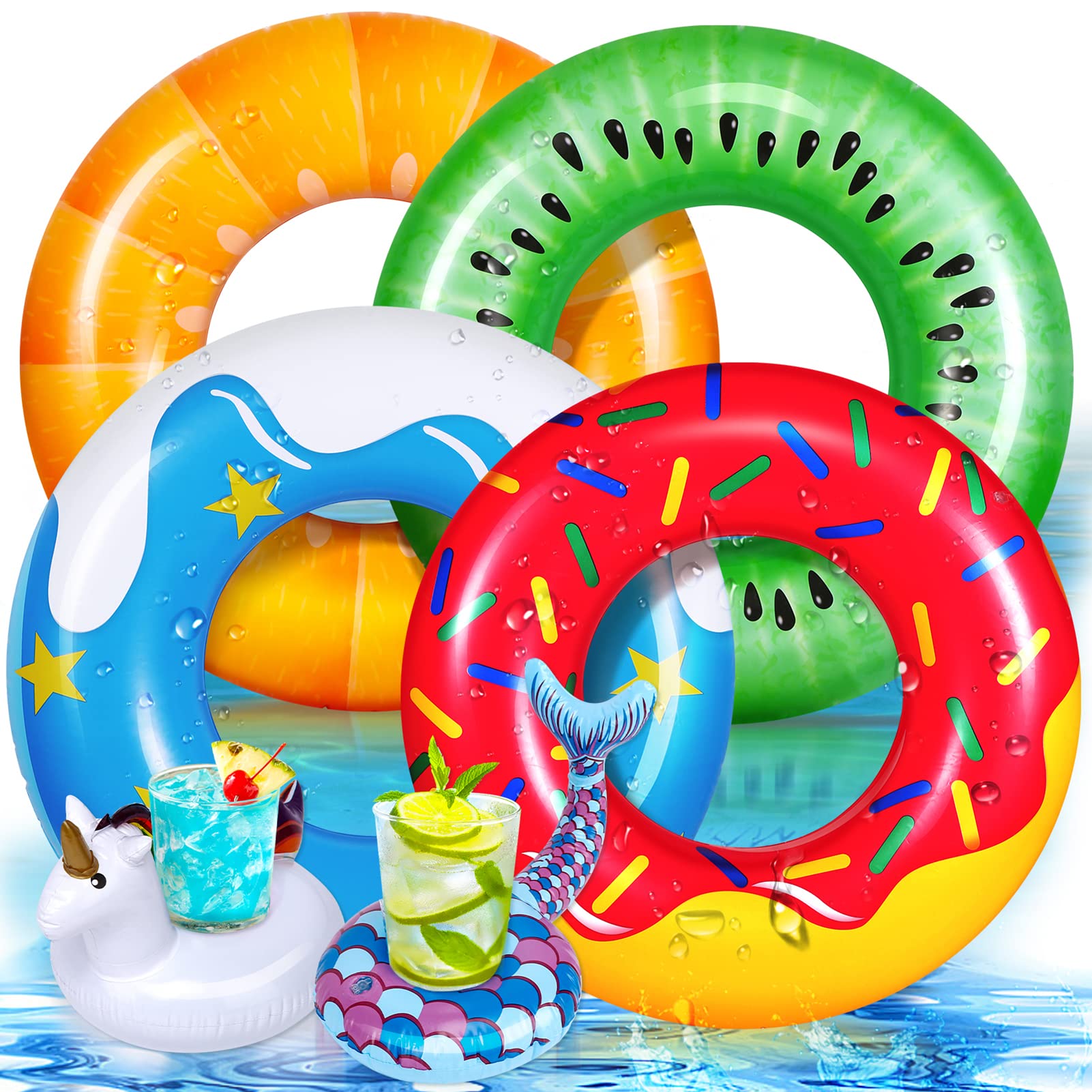 Photo 1 of MeCids Inflatable Pool Floats Fruit Swimming Rings Pool Tubes , Donut Pool Toys for Kids & Adult, Summer Beach Toys – 6 Pack with Drink Holder Vibrant Fruit & Colorful Donut RINGS SET
