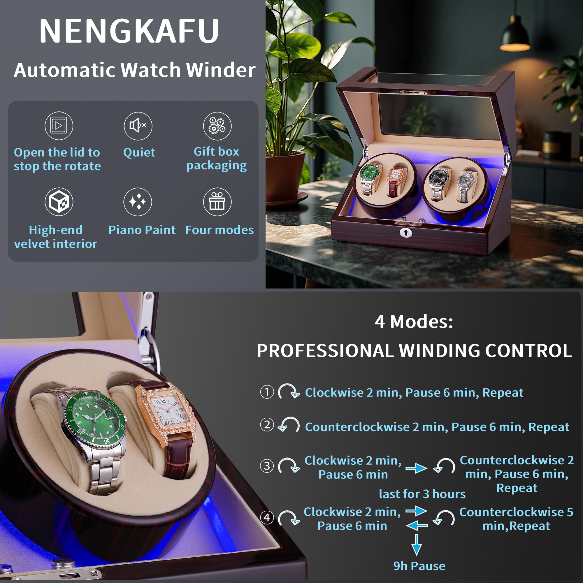 Automatischer Uhrenbeweger für Rolex und andere Luxusuhren, Uhrenbeweger mit leisem Motor, 4 Uhrenbeweger mit LED-Licht, vier Rotationsmodi, weiches Qualitäts-Samt-Uhrenkissen