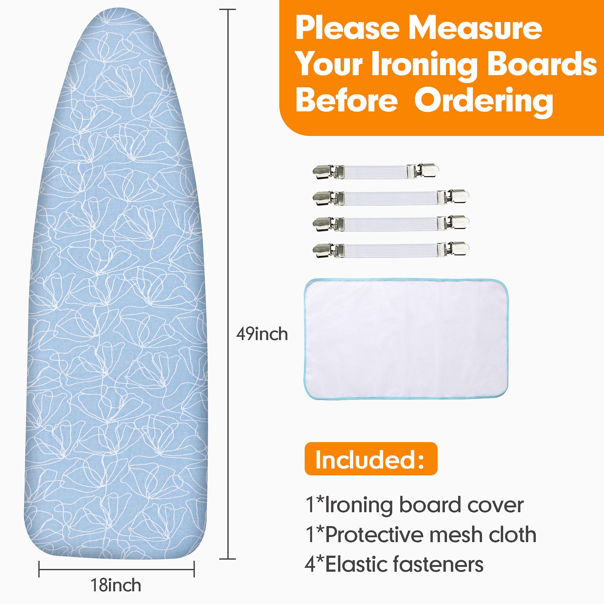Funda y almohadilla para tabla de planchar, acolchado grueso, resistente a quemaduras y manchas, muy resistente, con cierres ajustables y borde elástico, tamaño extraancho, 46 x 124 cm, azul cielo