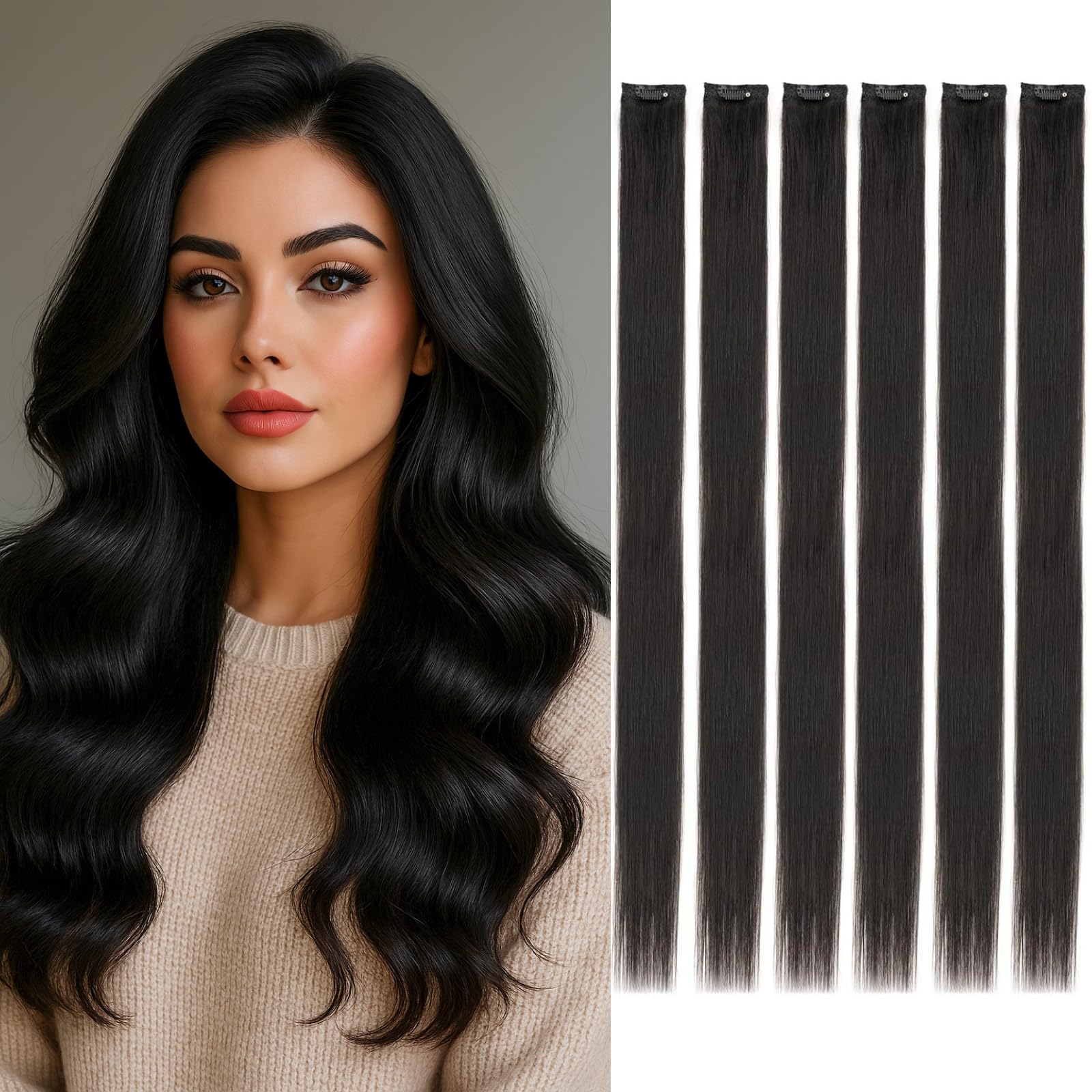tesshair Clip in Hair Extensions Real Human Hair Remy Single Clip Double Weft 6 Pcs Seamless Highlight Straight Human Hair Clip in Extensions for Women #1B Natural Black