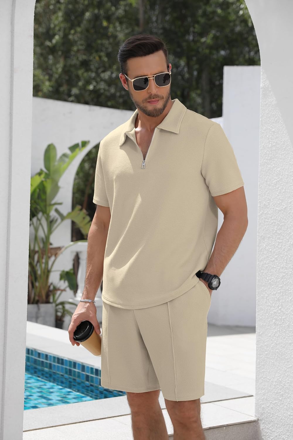 Mens Summer Track Suits 2 Piece Shorts Sets Short Sleeve Sweatsuit Outfits 1/4 Zip Golf Polo Shirts Loungewear