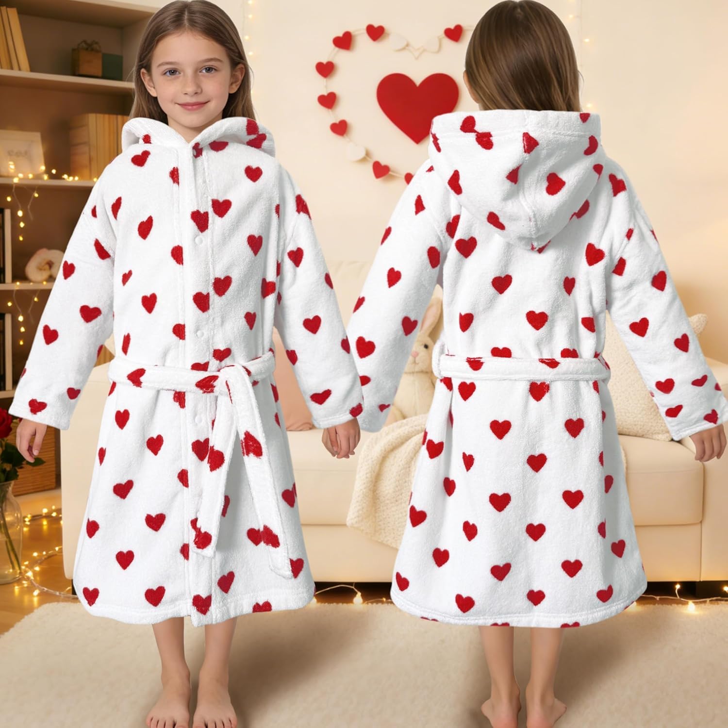 VOOVA & MOVAS Hooded Towel Robe for Girls 5-6Years,Slim Fit,Premium 100% Cotton, Super Soft Absorbent Bathrobe,Love Heart Pattern