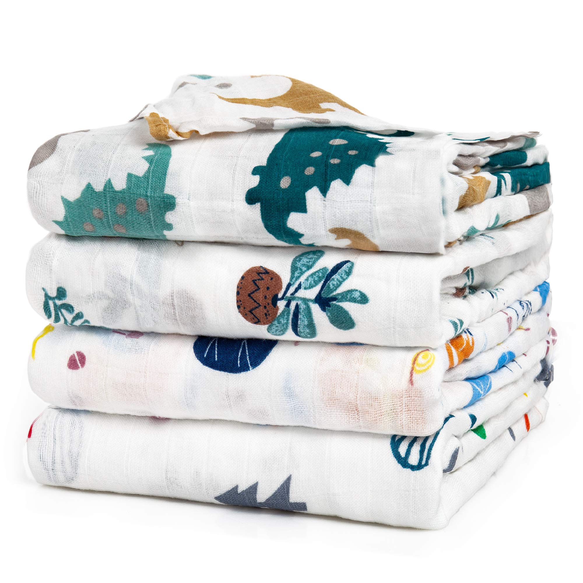 upsimples Baby Swaddle Blanket Unisex Swaddle Wrap Soft Silky Bamboo Muslin Swaddle Blankets Neutral Receiving Blanket for Boys and Girls, 47 x 47 inches, Set of 4,Dinosaurs & Plants