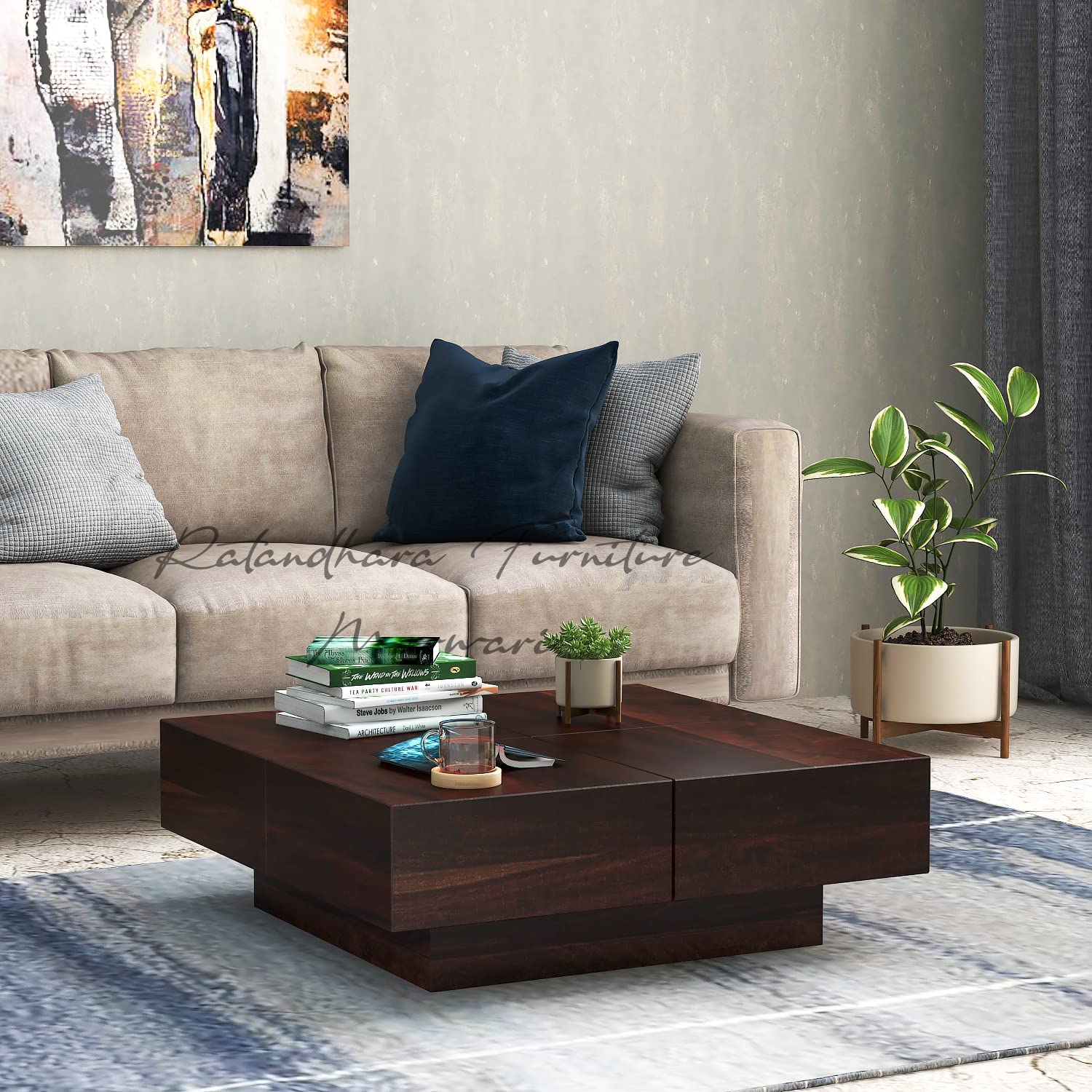 RATANDHARA FURNITURE Solid Sheesham Wood Center Coffee Table for Living Room | Wooden Sofa Centre Table for Home & Office | Teapoy Tea Table (Walnut Finish)-image-4