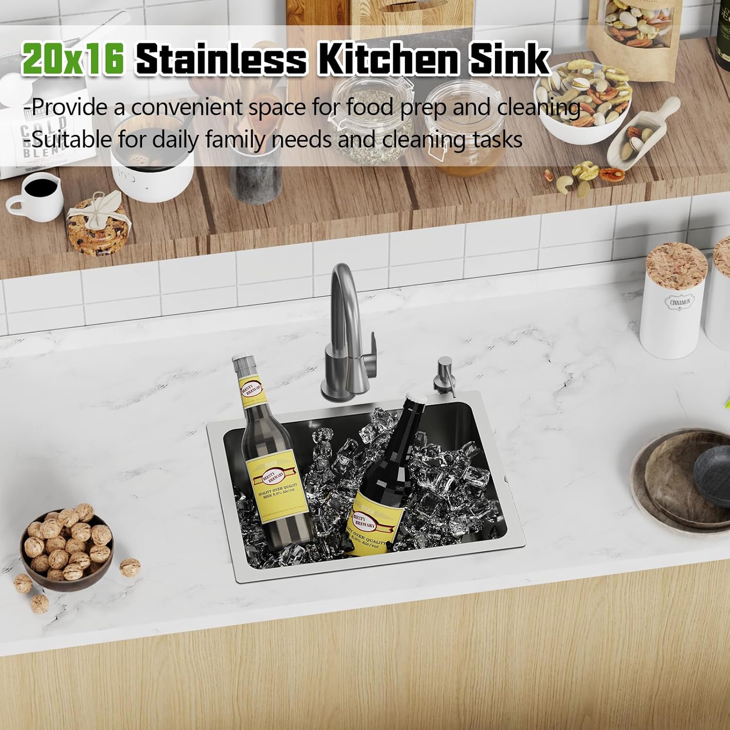 20x16 In Kitchen And Bar Sink- Stainless Steel Undermount Kitchen Sink Modern Single Bowl Drop In Bar Sink With Silicon Mat,Drain Strainer Set Compatibility With Various Kitchen & Bar Style