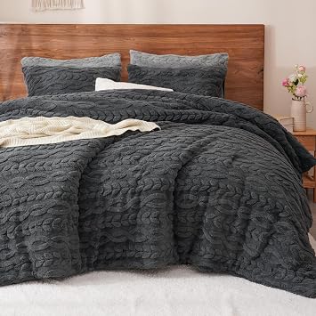 PHF Fluffy Sherpa Fleece Queen Comforter Set, 3 Pieces Warm Fuzzy Soft Bedding for Winter, 3D Tufted Flannel Plush Shaggy Bed Set, 1 Comforter 90"x90" and 2 Pillowcases 20"x26", Dark Grey