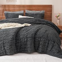 PHF Fluffy Sherpa Fleece Queen Comforter Set, 3 Pieces Warm Fuzzy Soft Bedding for Winter, 3D Tufted Flannel Plush Shaggy Bed Set, 1 Comforter 90"x90" and 2 Pillowcases 20"x26", Dark Grey