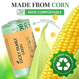 Lucky Family Green Compost Bags for Kitchen Countertop Bin - 100% Compostable Trash Bags for Food Waste, Organic Biodegradable Trash Bags (2.6 Gallon, 50 Count)