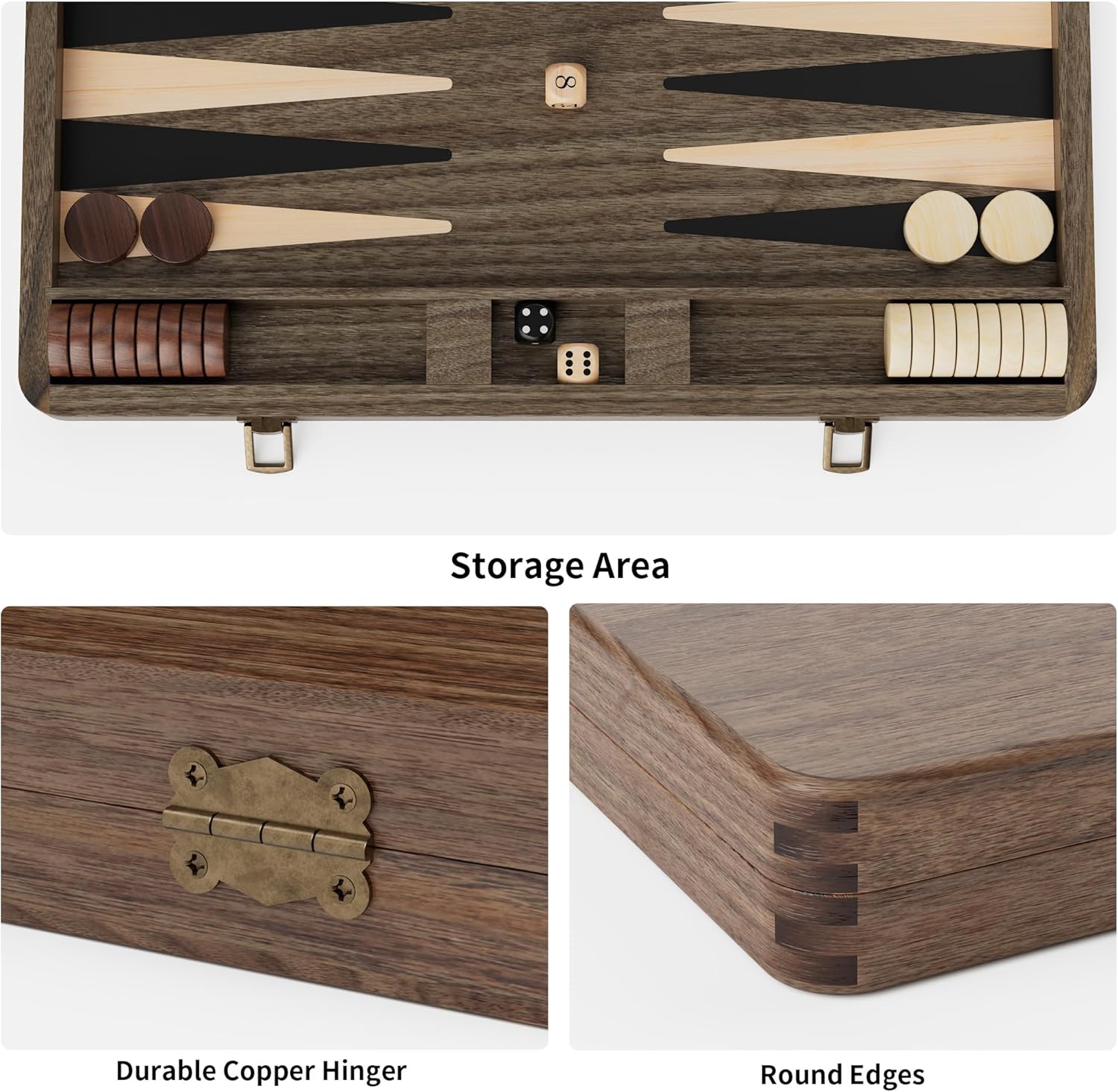 Luxury Walnut Backgammon Set - Wood Board with Travel Case, Doubling Cube