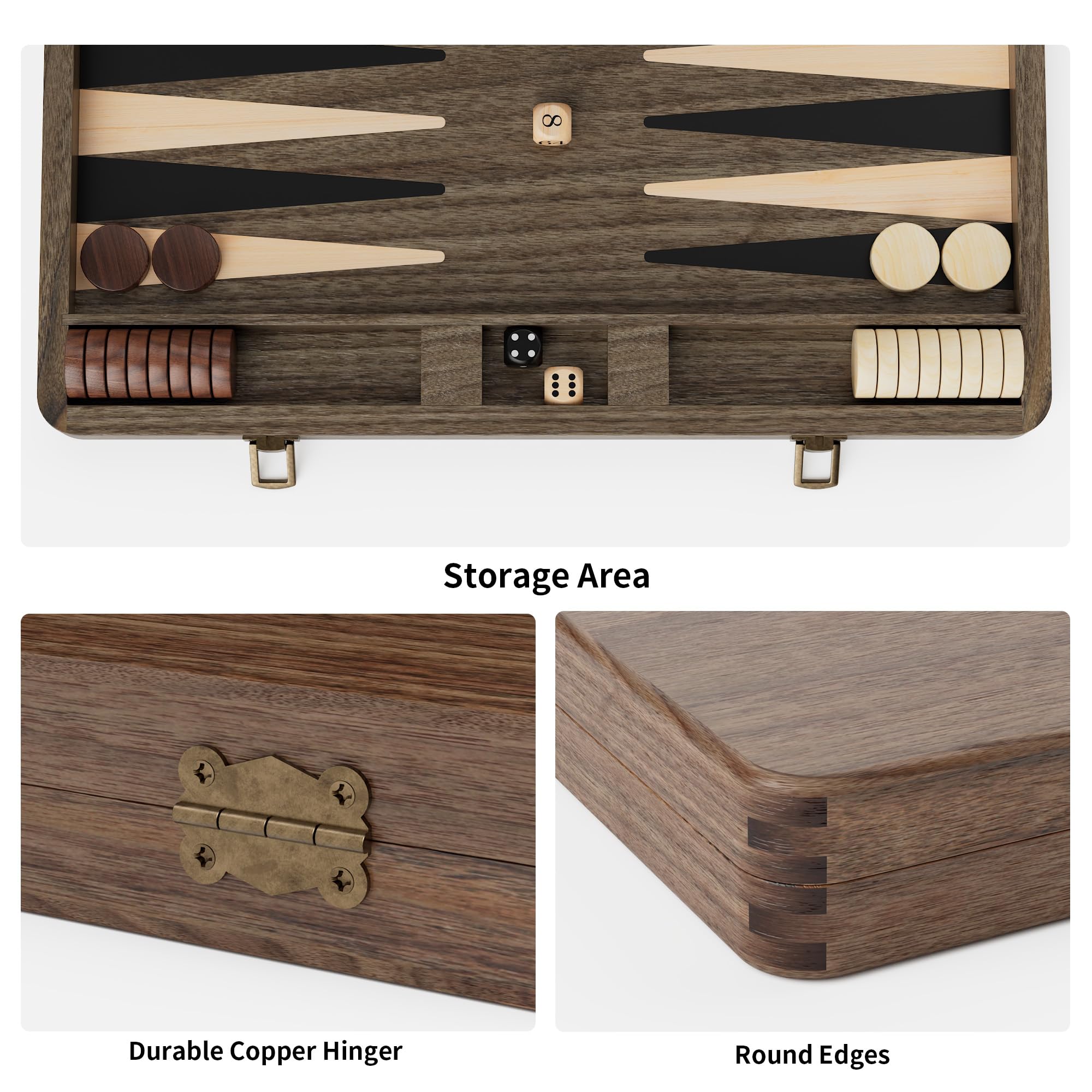Lussuoso set da backgammon in noce, tavola in legno con custodia da viaggio, cubo doppio e borse per la conservazione