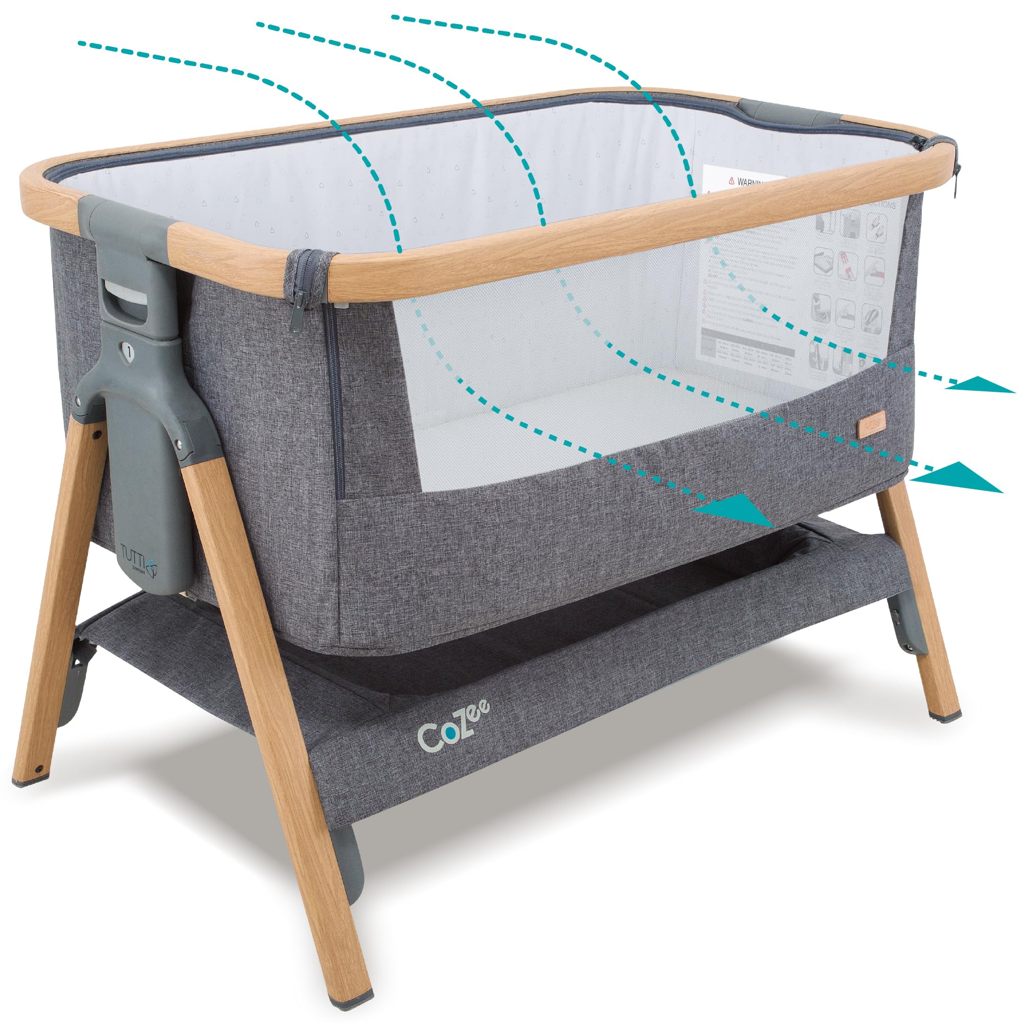 Tutti BambiniCoZee® 2-in-1 Baby Bassinet & Bedside Sleeper - Fast-Folding Bedside Bassinet, Baby Crib with 6 Mattress Heights & Breathable Mesh Window, Mattress Included, 0-6 Months (Oak & Charcoal)
