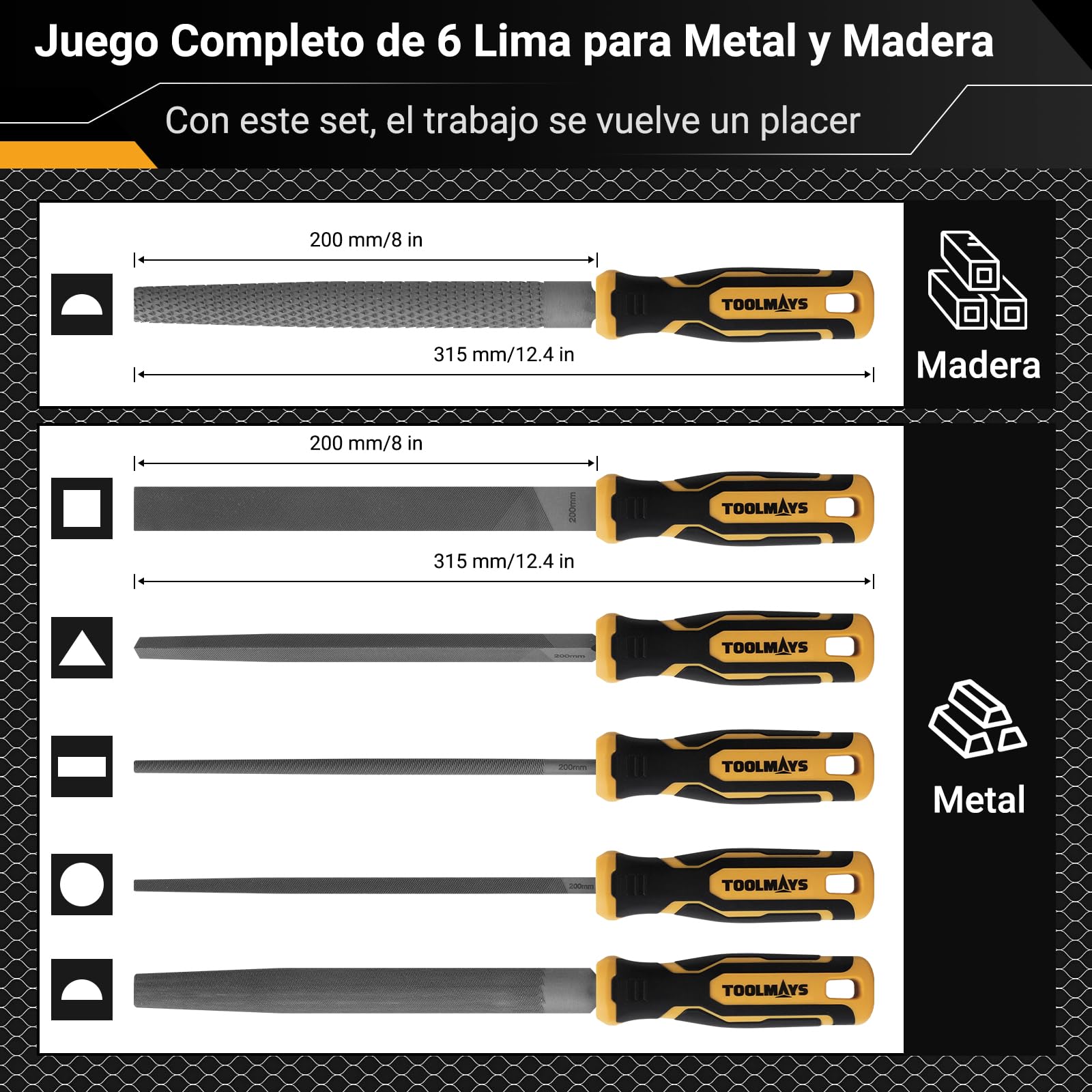 Juego de Limas Metal y Madera 6 Piezas, Cuadradas de 8 Pulgadas | Escofinas incluye Funda Enrollable, Mango de Goma | Lima Redondas, Semicirculares, Planas, Triangulares