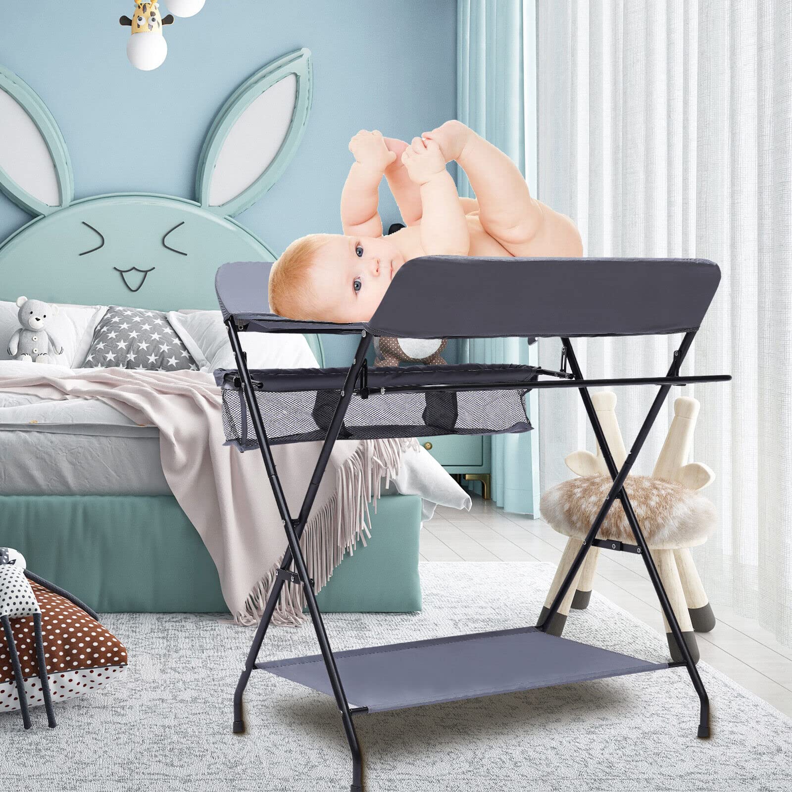 Commode à langer pour bébé - Pliable - Mobile - Matelas à langer - Gris foncé - Sans roues