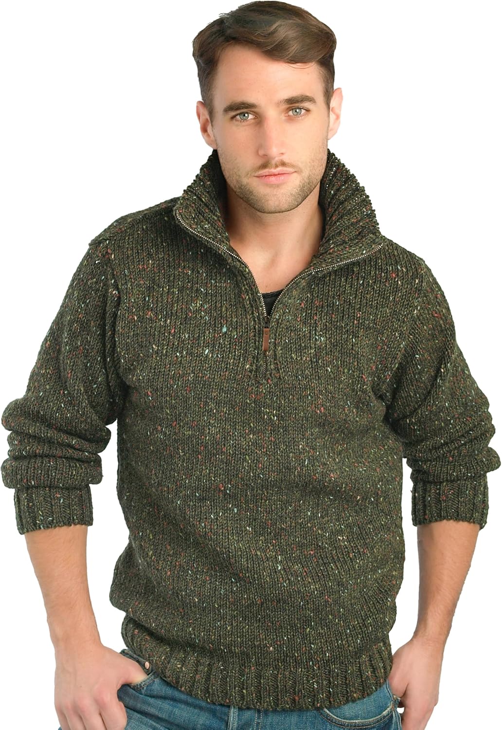 Aran Crafts Men's Irish Cable Knitted Half Zip Sweater (100% Donegal Wool)