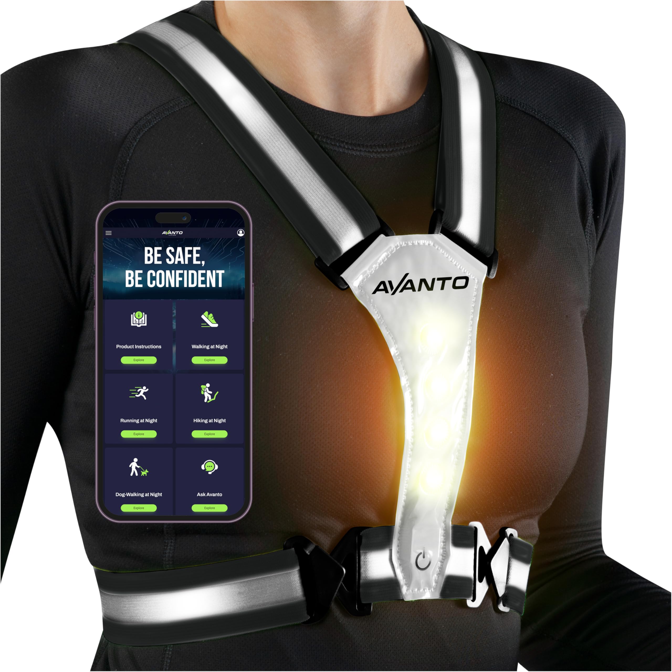 AVANTO LED Reflective Vest, Original, USB-C Rechargeable Running Reflective Gear, Running Lights for Runners, High Visibility Gear, Dog Walking Safety