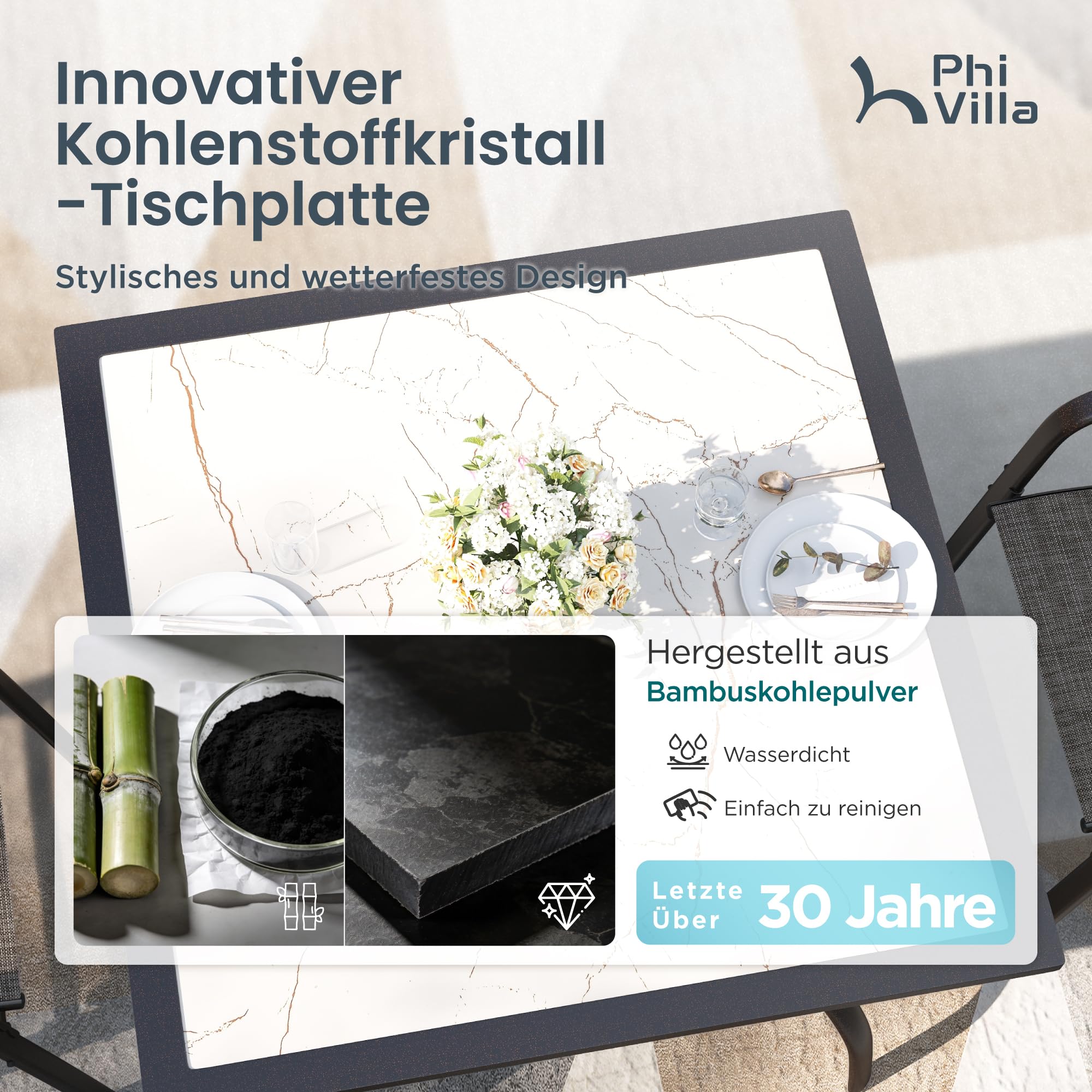 PHI VILLA 5-teiliges Gartenmöbel Set, Terrassenmöbel Outdoor mit 1 Quadratischem Marmoroptik Gartentisch und 4 Textilene Stapelstühlen, Wetterfest E-Beschichtung Metall Gartenset für Hinterhof Veranda