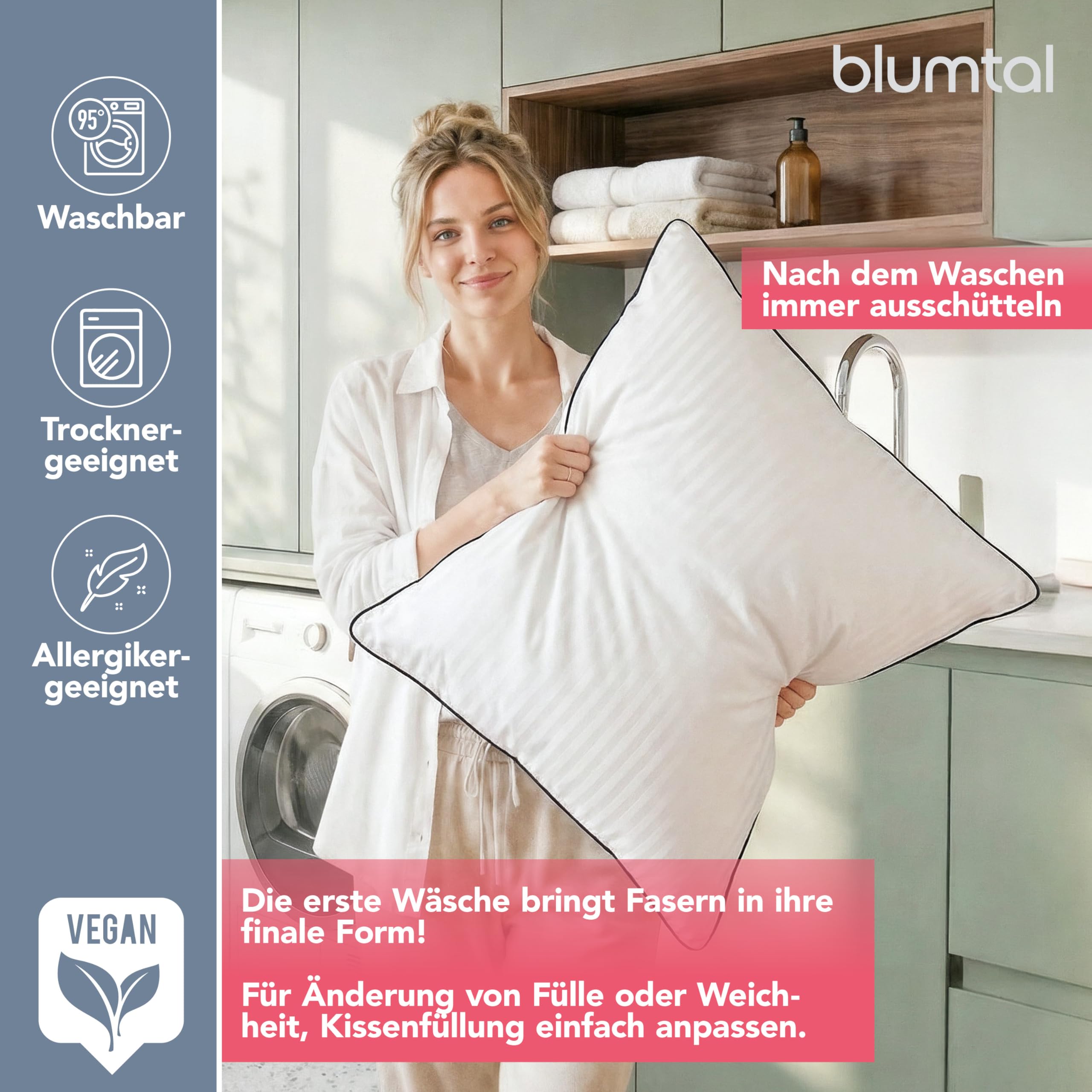Blumtal Premium Kopfkissen 80x80 cm - Ultra anpassbare Nanofaser-Füllung - Kissen 80x80 mit Paspelierung & Reißverschluss - Oeko-Tex zert. Kopfkissen Seitenschläfer & Rückenschläfer - 95° waschbar