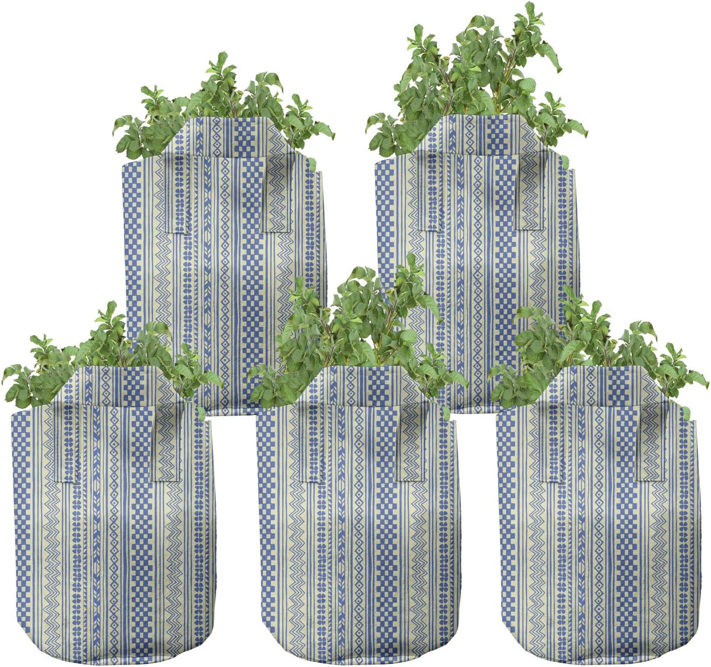 Ambesonne Folk Grow Bags 5-Pack, Vertical Chevrons and Strips, Heavyduty Fabric Pots with Handles for Plants, Green Dark Ceil Blue