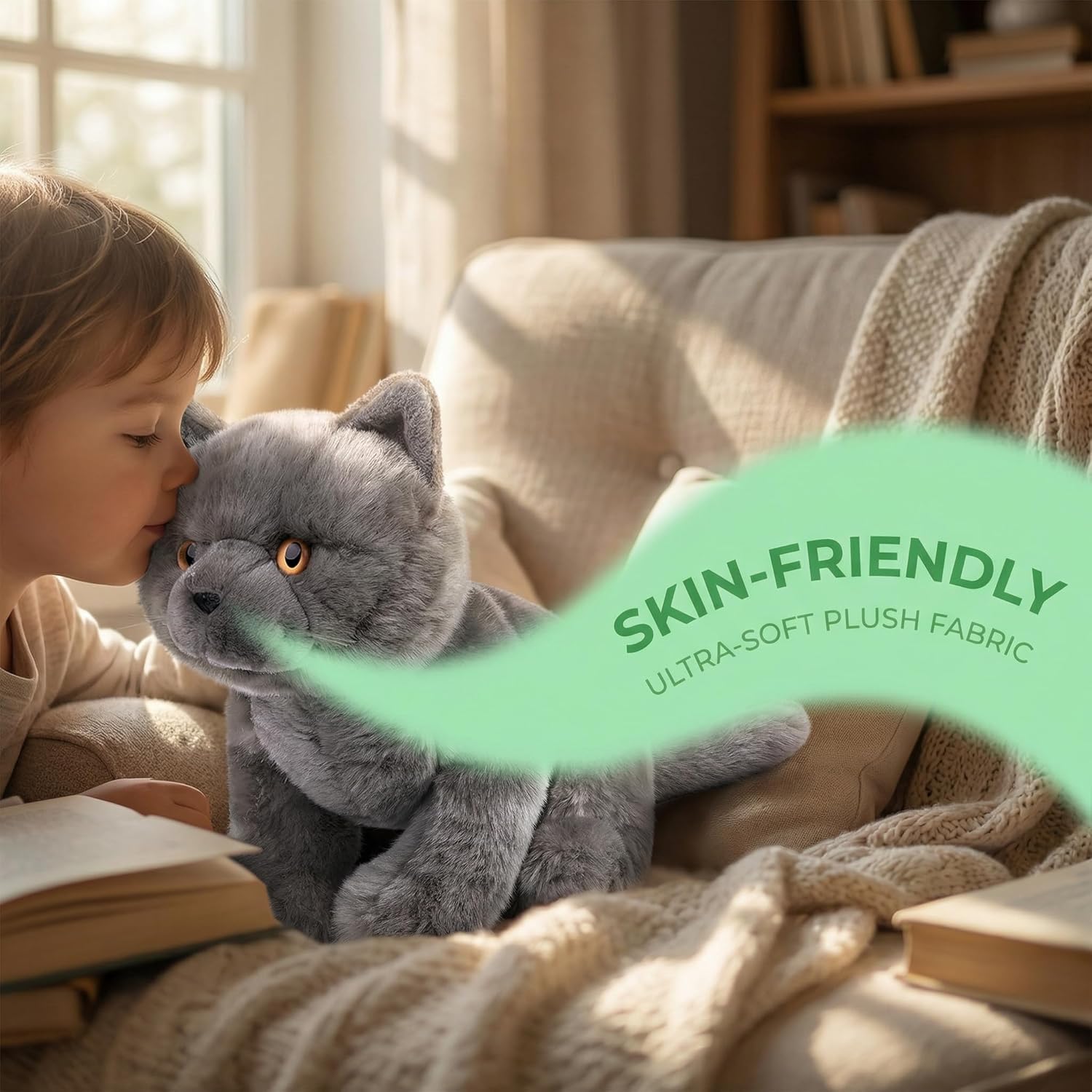 Tiny Heart Simulation British Cat 11inch Grey Shorthair Cat Plush Toy - Cute Adorable Kawaii Cuddly Realistic Super Soft Stuffed Animal Kitten Gift for Kids Girls Boys Home Decor