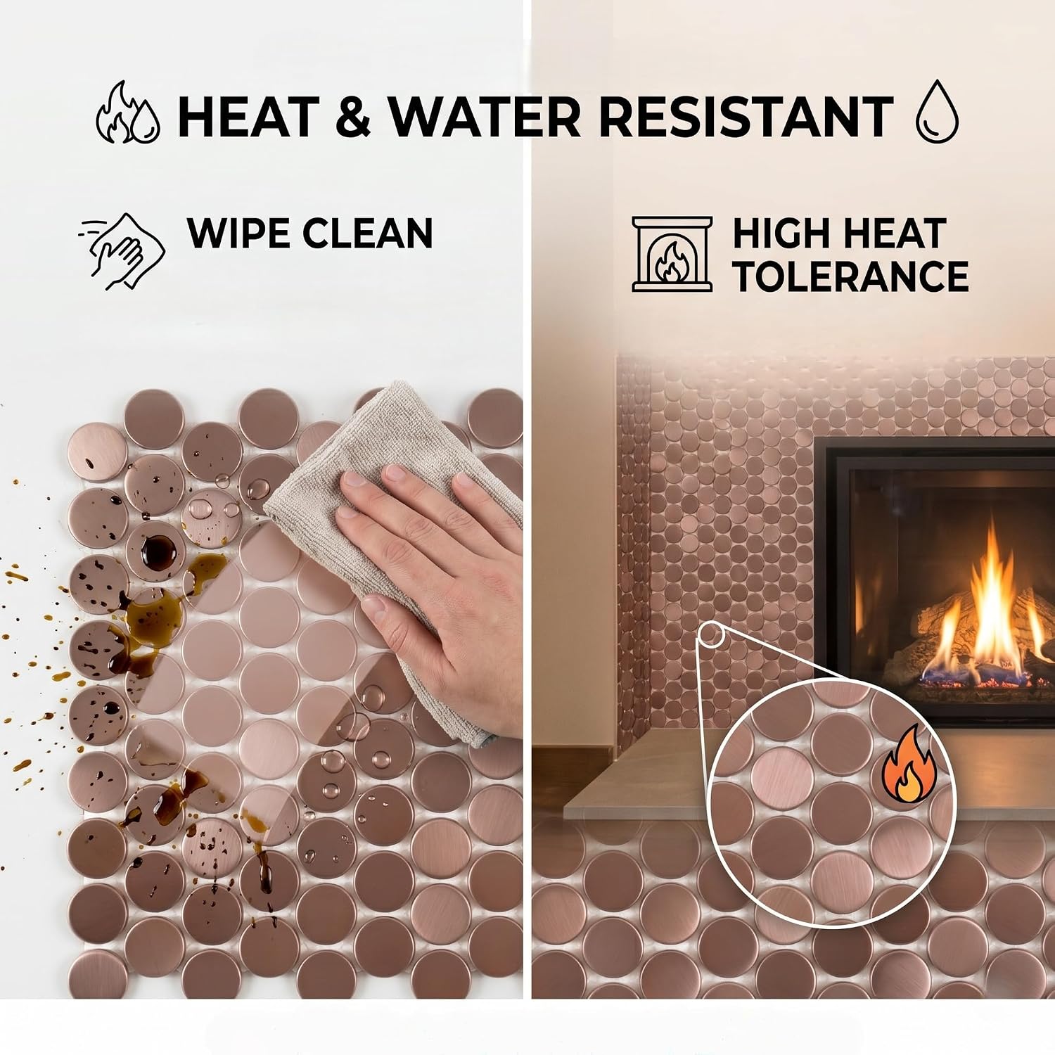 Rose Gold Penny Round Brushed Stainless Steel Mosaic Tile, Mesh Mounted, 5 Pack, Decorative Wall Tile for Kitchen Backsplash, Bathroom Wall & Fireplace