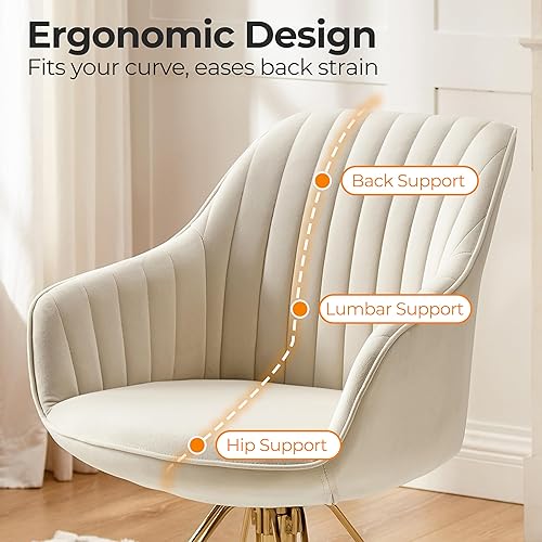 Miniatura 5 de Zouron Silla giratoria moderna de mediados de siglo con patas de metal dorado, silla de escritorio tapizada sin ruedas, silla de oficina lateral