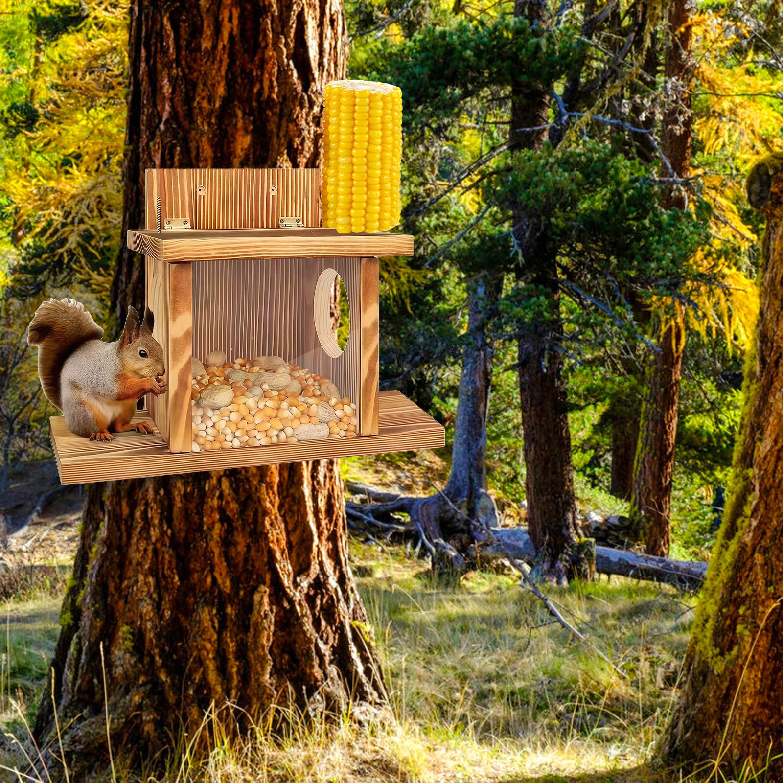 Mangeoire en bois pour écureuils - Station d'alimentation pour écureuils - Résistant aux intempéries - Avec 2 entrées et plateformes de siège - Maison pour écureuils