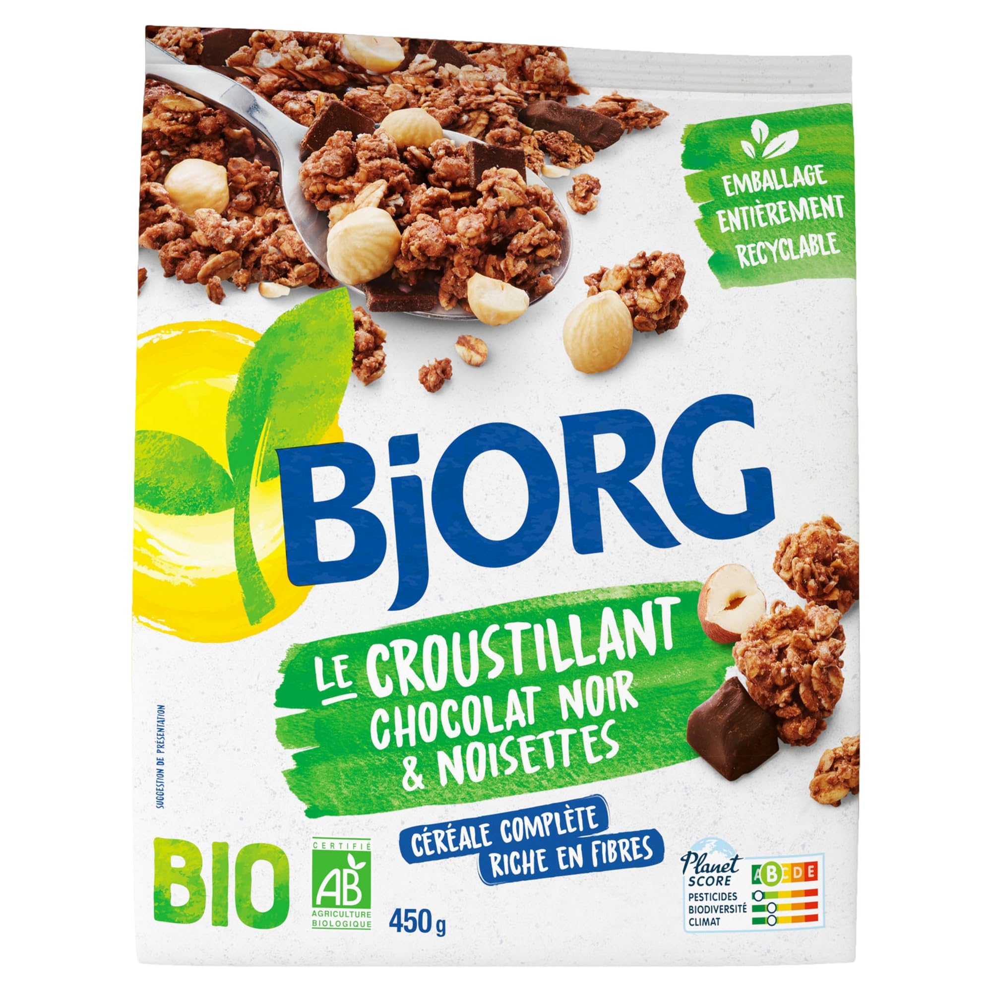 BJORG - Céréales Bio - Croustillant Chocolat Noir Noisettes - Bio - 450 g | Idéal Petit Déjeuner - Riche en Fibres - Céréales Complètes