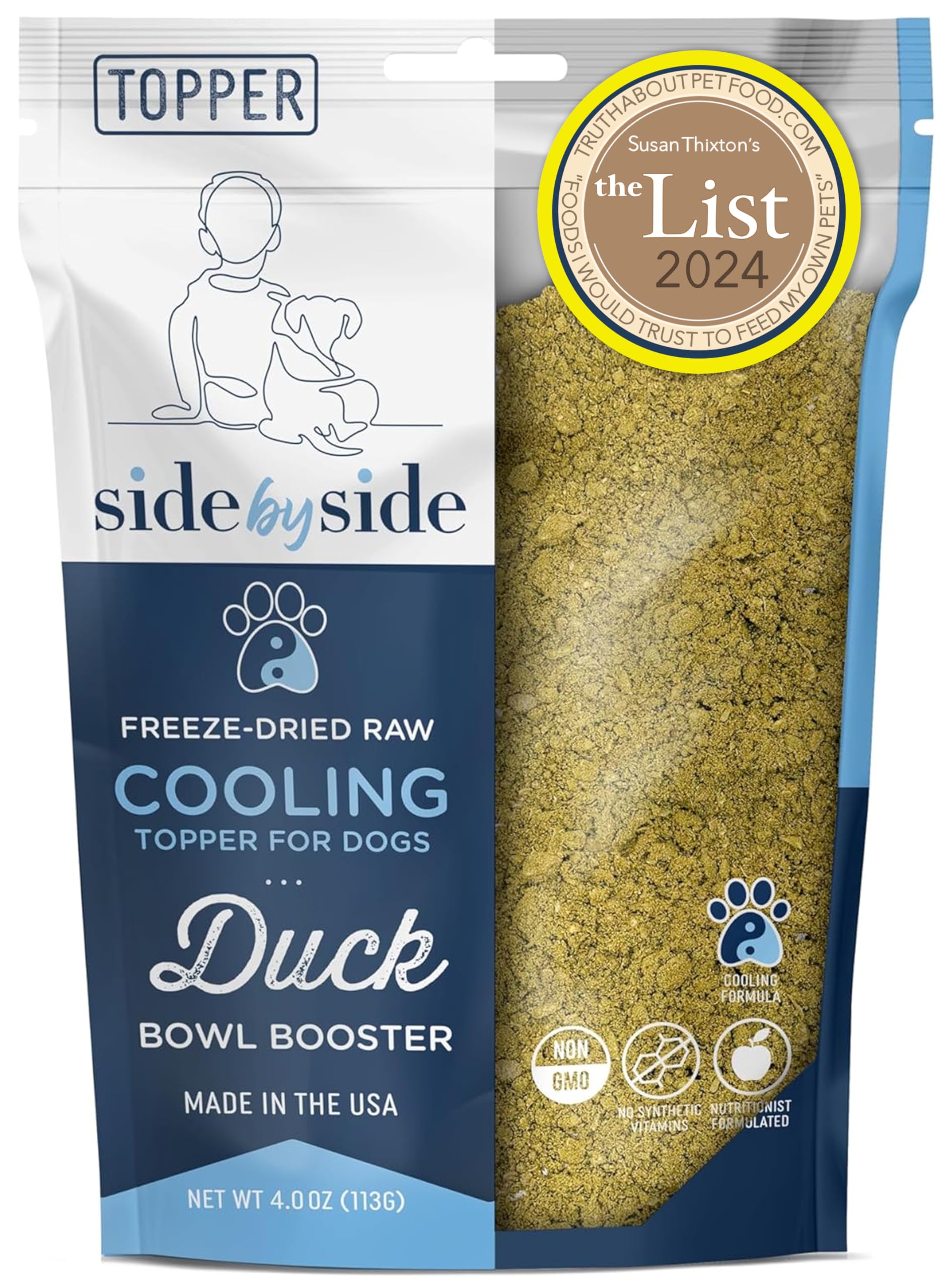 Side by Side Duck Bowl Booster, Freeze-Dried Raw Superfood, Cooling Dog Food Topper for All Breeds, Made of Whole Foods, Every Ingredient Has a Purpose, No Artificial Additives, 4 oz, Pack of 2