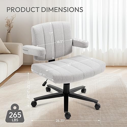Miniatura 8 de Silla de oficina cruzada gris con ruedas, asiento ancho ergonómico y tocador, silla giratoria de escritorio con brazos ajustables para mujer, cómodo