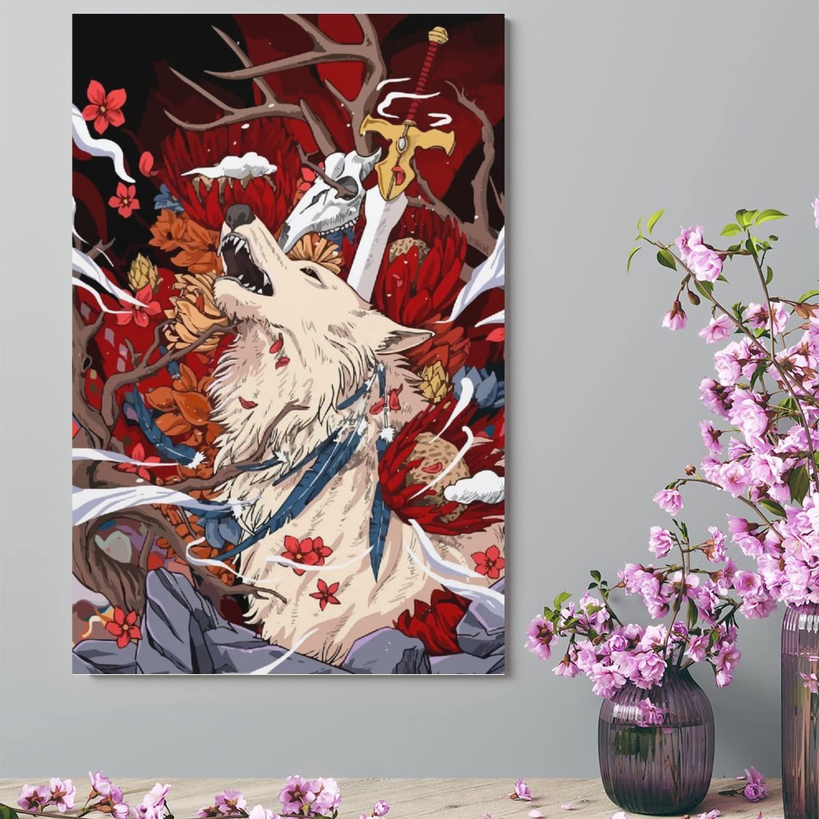 Amazon.co.jp: キャンバス絵画 狼 花 剣 和風 和柄 浮世絵 アート