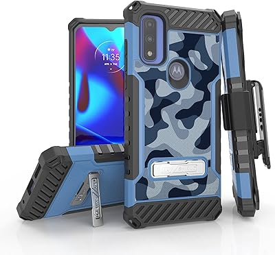 Beyond Cell Tri-Shield Kickstand Phone Case with Belt Clip Holster Compatible with Moto G Pure Military Grade Drop Tested Rugged High Impact Full Body Shockproof Navy Blue Urban Camo Blue