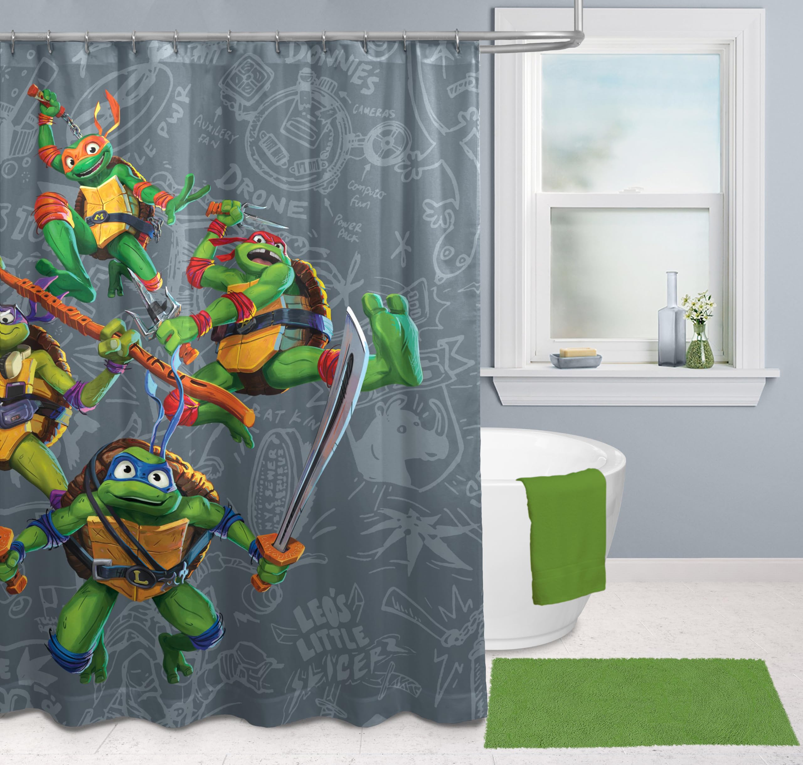Jay Franco Nickelodeon Tenda da doccia in tessuto Tartarughe Ninja – Decorazione per bagno per bambini grigia con Leonardo, Raffaello, Michaelangelo e Donatello