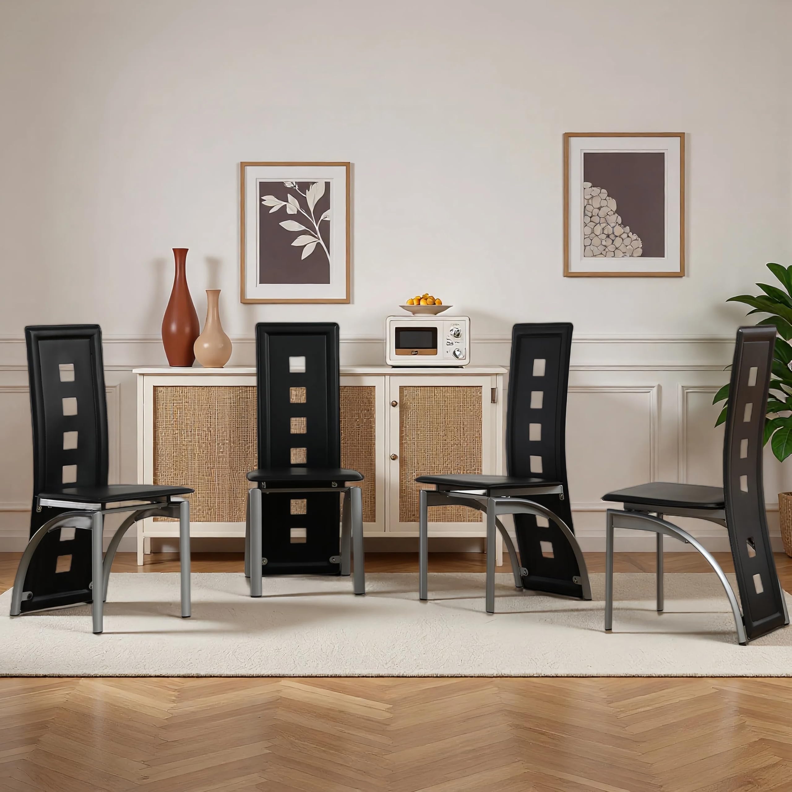 Karl home Modern Hollow Dining Chair Set of 4, Black Dining Chairs with PVC Backrest & Leather Cushion, Dining Chair for Kitchen & Dining Room, 300lbs Weight Capacity
