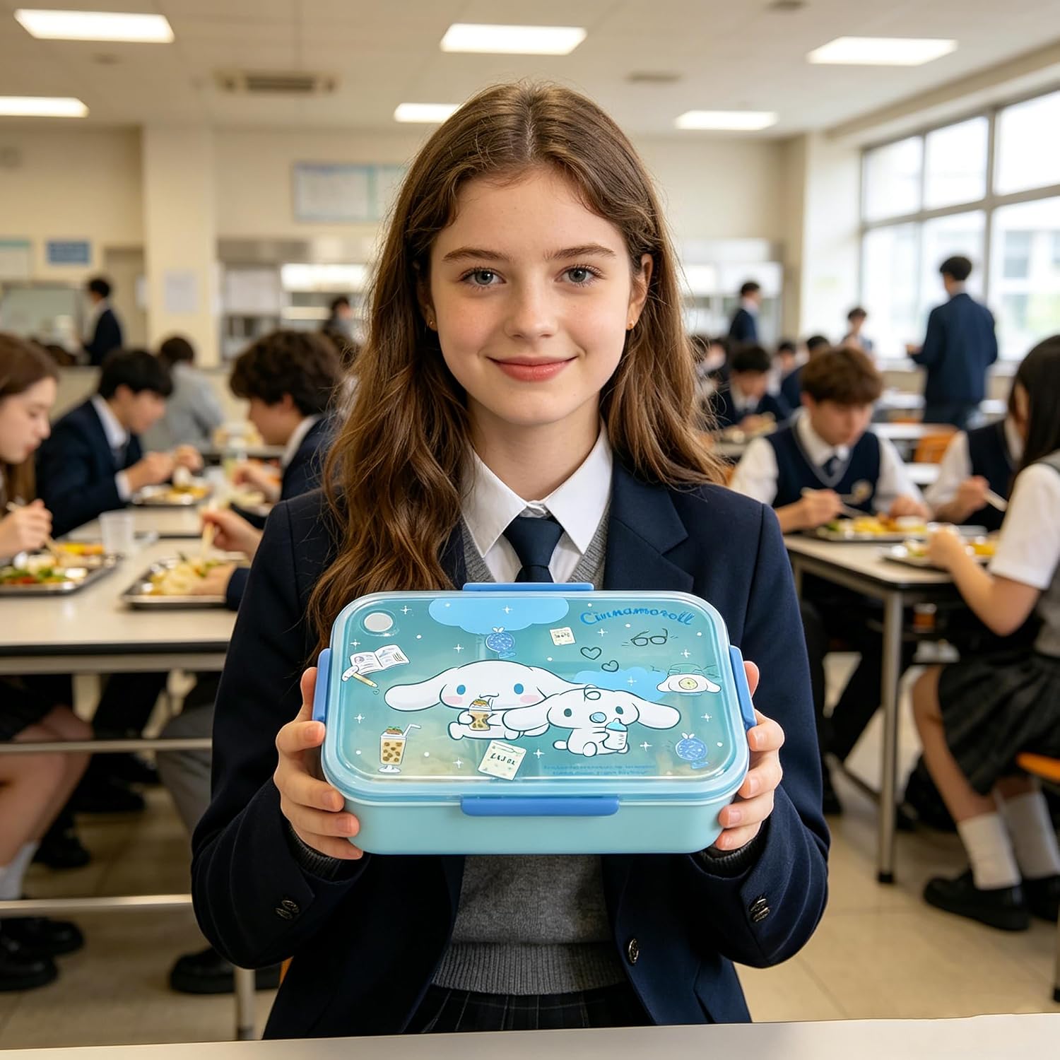 Roffatide Cartoon Cute Cinnamoroll Printed All-in-One Bento Boxes with Spoon Kawaii 4-Point Lock Type Lunch Box Containers for Food Fruit Snack, LYS24901