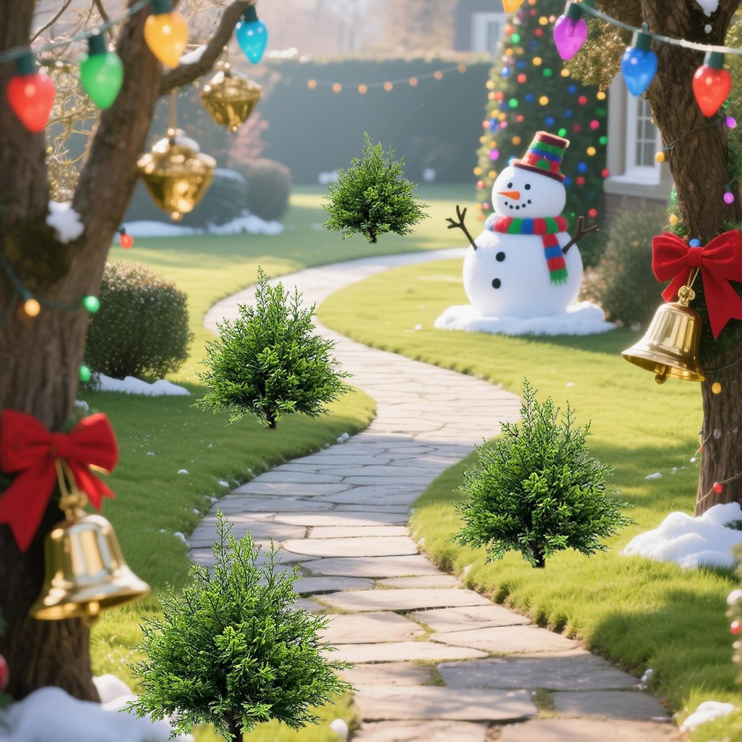 Set of 2 Artificial Cedar Topiary Ball Trees with Ground Spike Outdoor, 23" Realistic Faux Shrubs, UV Resistant Evergreen Trees, Fake Bushes Plants for Indoor Outdoor Porch Patio Garden Decor (Cedar)