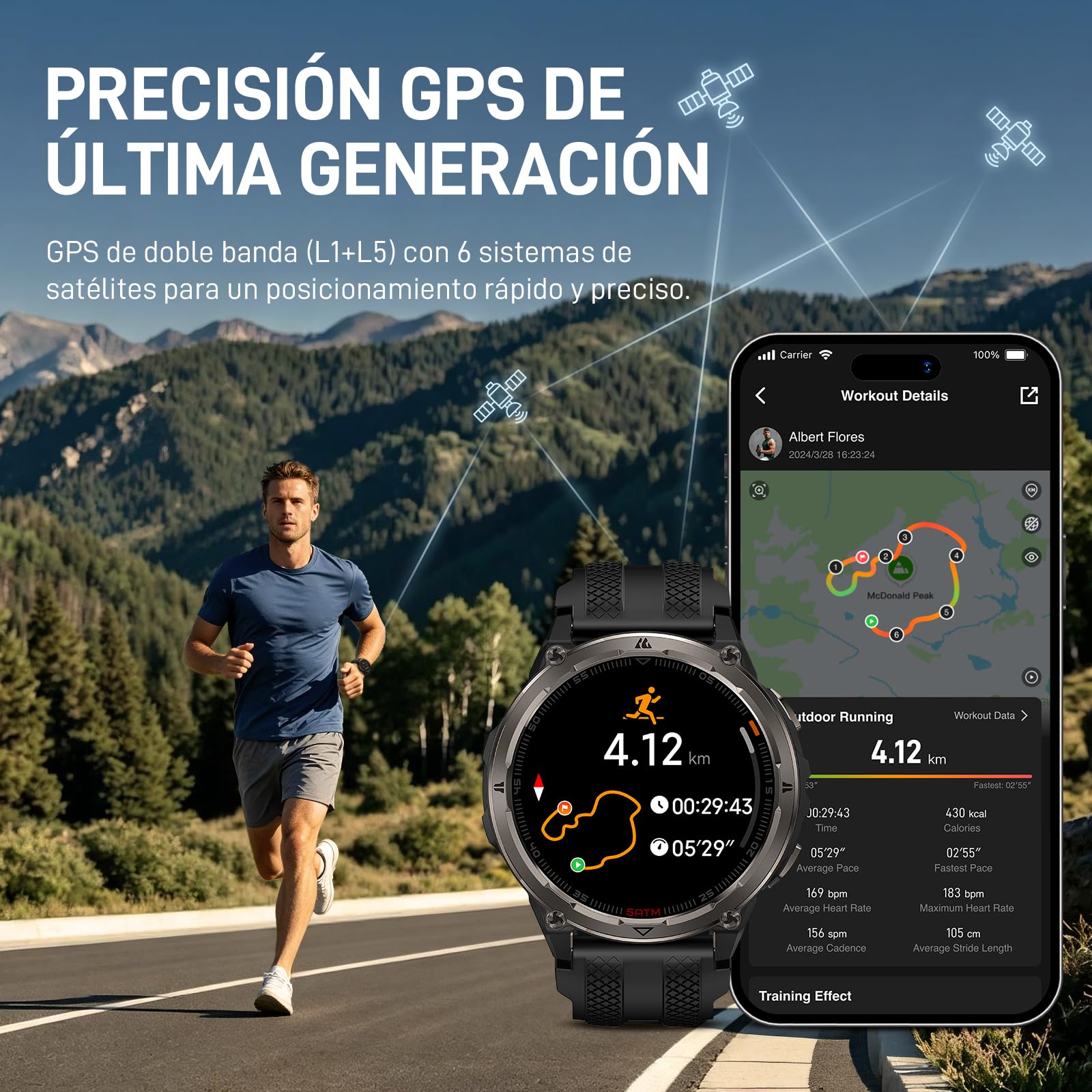 KOSPET Orb 2 Reloj Inteligente Hombre y Mujer, GPS Doble Banda,5 ATM e IP69 | Smartwatch Militar AMOLED 1.43",16 Días Batería, Linterna LED, 170+ Deportes, Ritmo Cardíaco y Sueño para Android iPhone