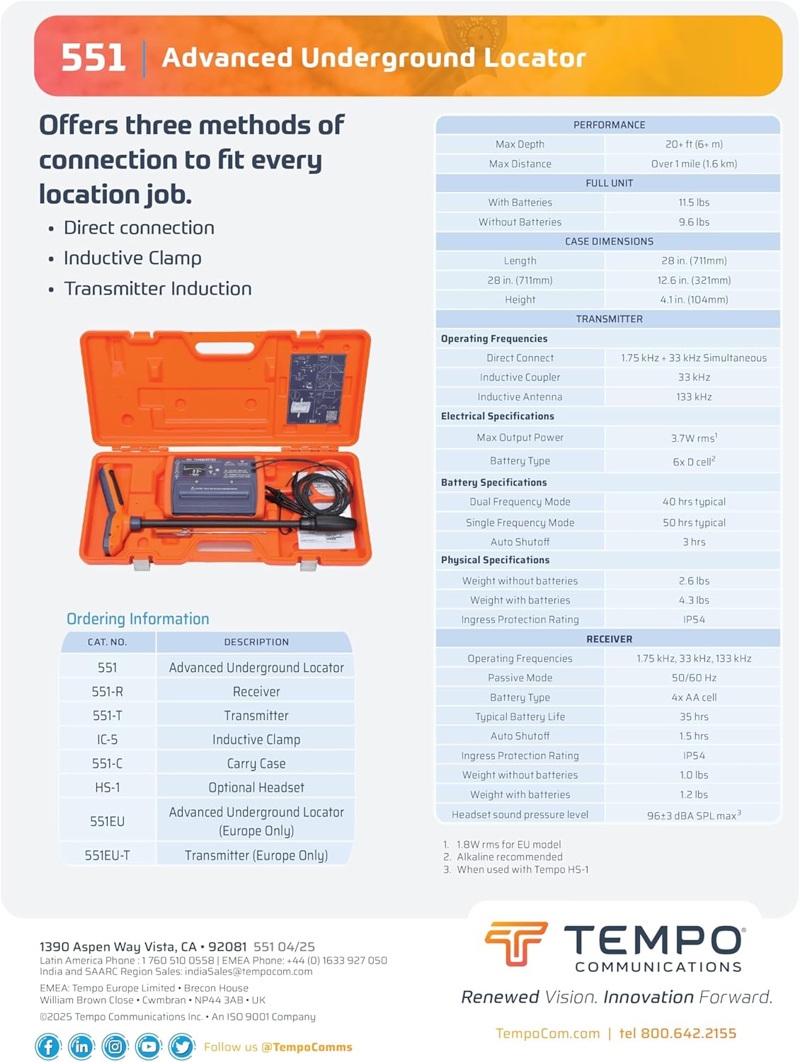 TEMPO 551 Advanced Underground Utility Locator, IP54-rated Underground Wire Locator, Buried Wire Locator, Dual-Frequency Underground Wire Tracer