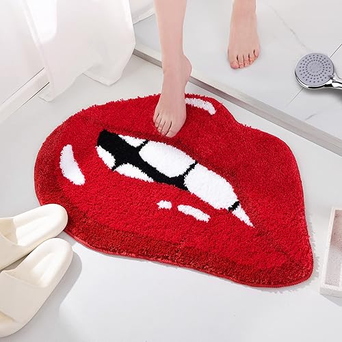 Miniatura 4 de Panstar Alfombra de baño de labios rojos, bonita y divertida alfombra de baño con forma de labios mordedores, antideslizante, absorbente, alfombra