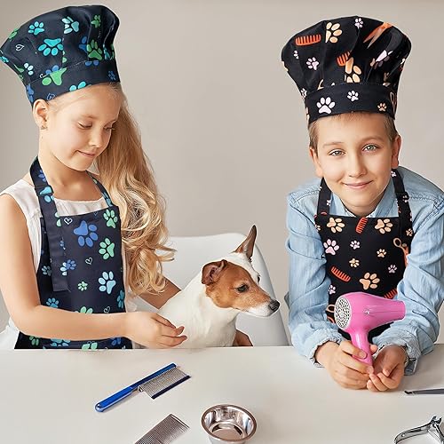 Miniatura 4 de GROBRO7 Juego de 4 delantales y sombrero de chef para niños, regalo para niñas, diseño floral de mariposa ajustable, delantales para principiantes