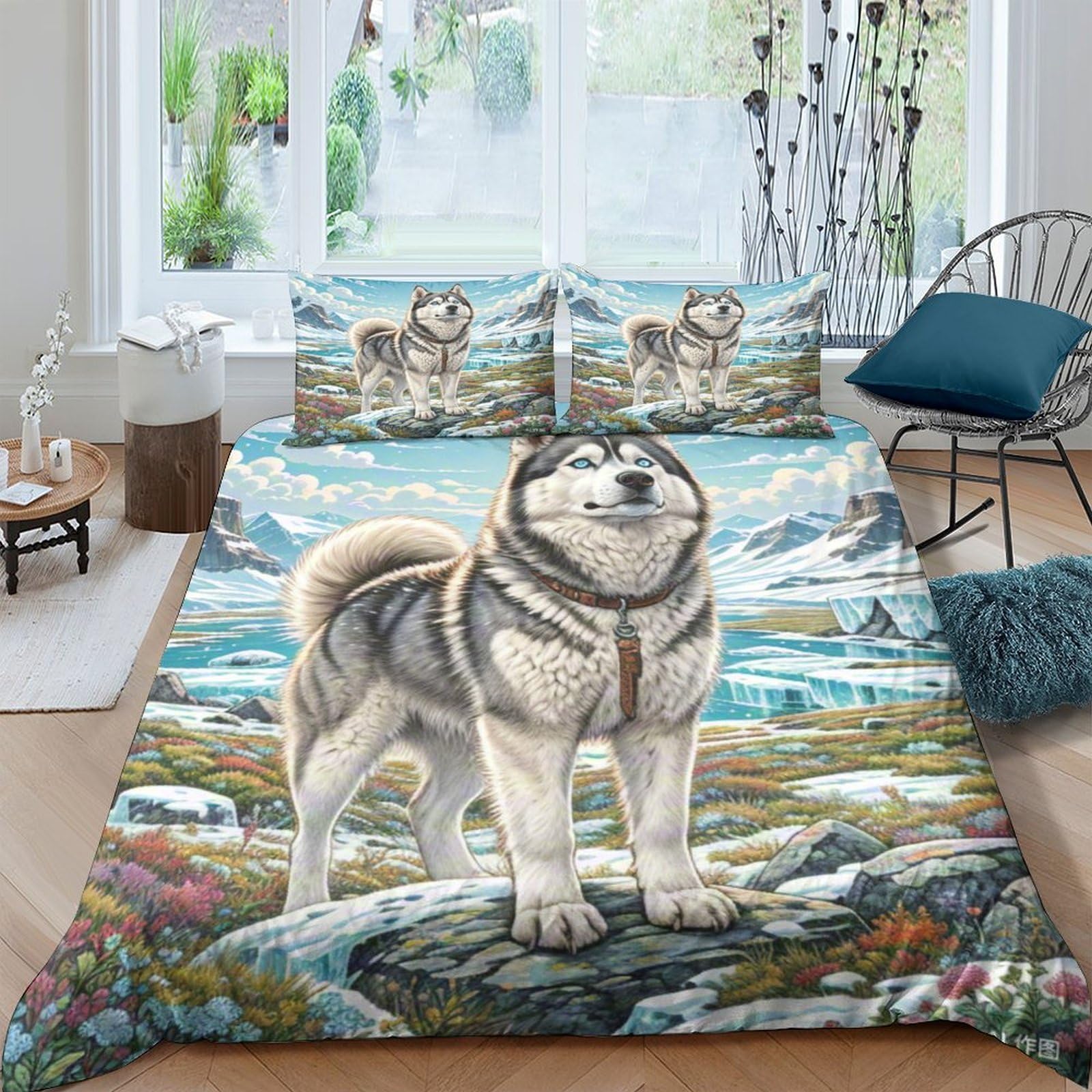 Housse de couette Husky Sibérien 3D 200x200cm en microfibre douce avec taie d'oreiller
