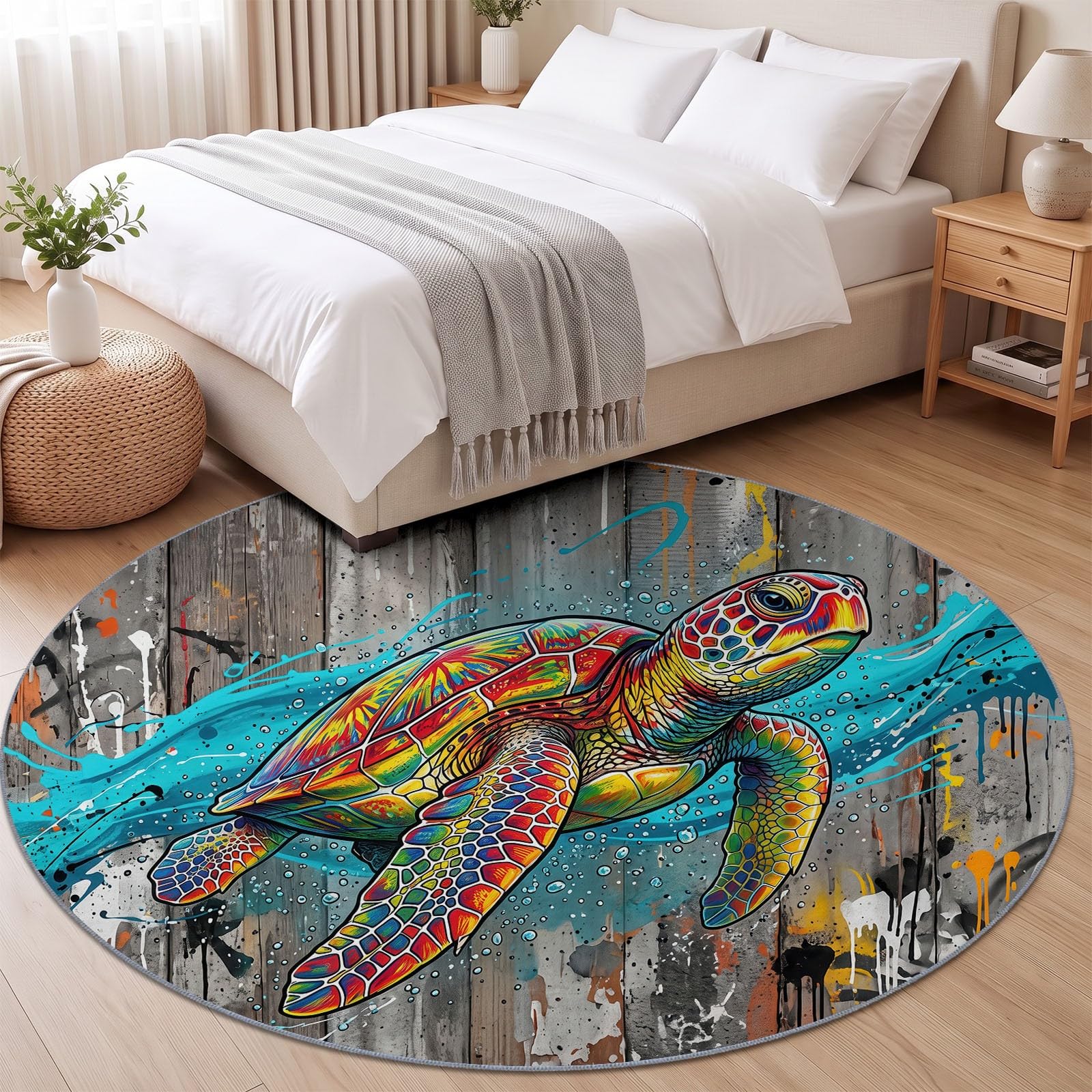 Générique Tapis Rond Gris 100 cm Antidérapant, Colorée Tortue De Mer Animal Marin Tapis de Salon Rond à Poils Courts Lavable en Machine, pour Chambre Cuisine et Chambre d'enfant